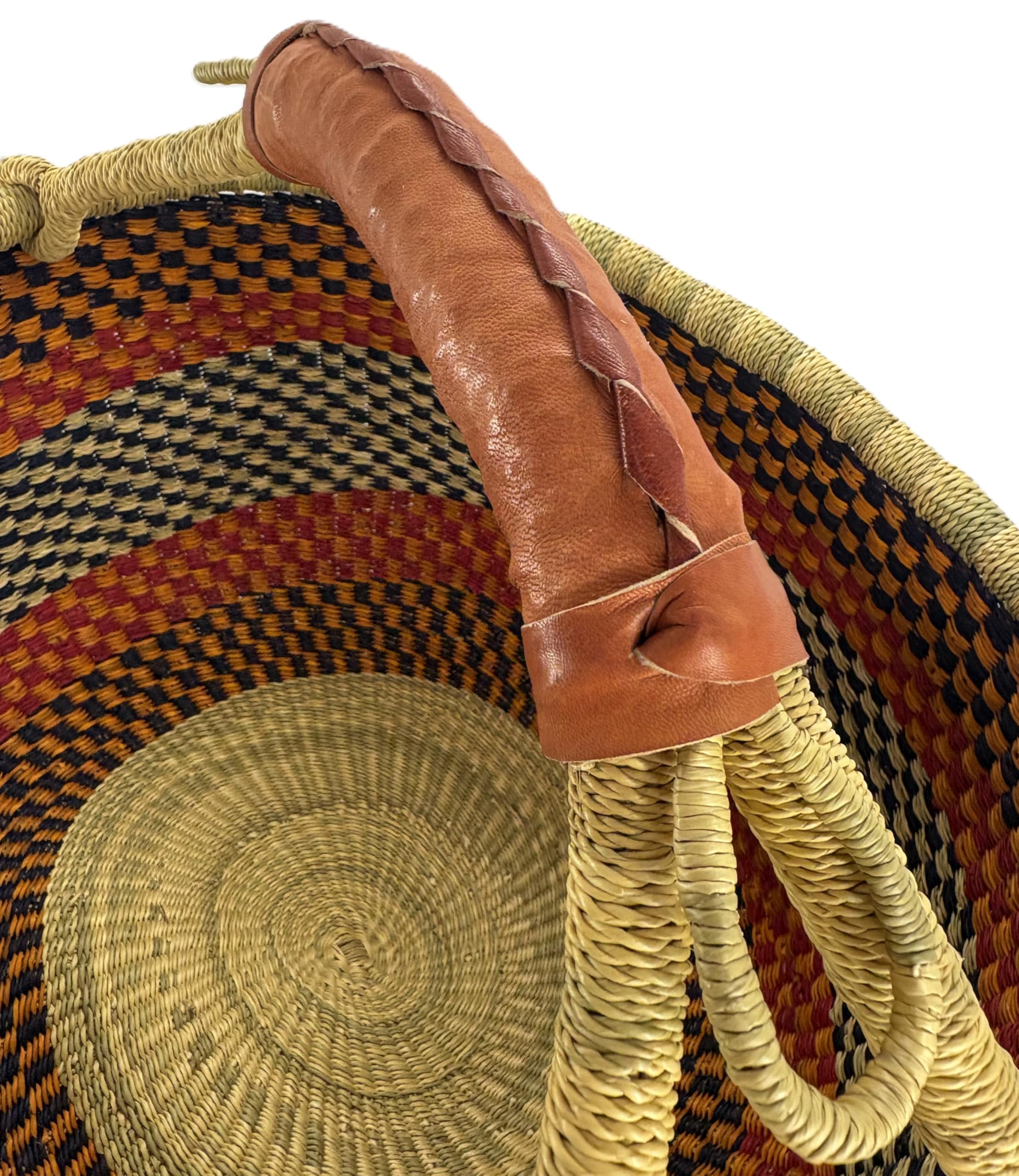 Grand panier rond Bolga original du Ghana en Afrique avec poignée en cuir issu du commerce équitable - Environ 35-40 cm