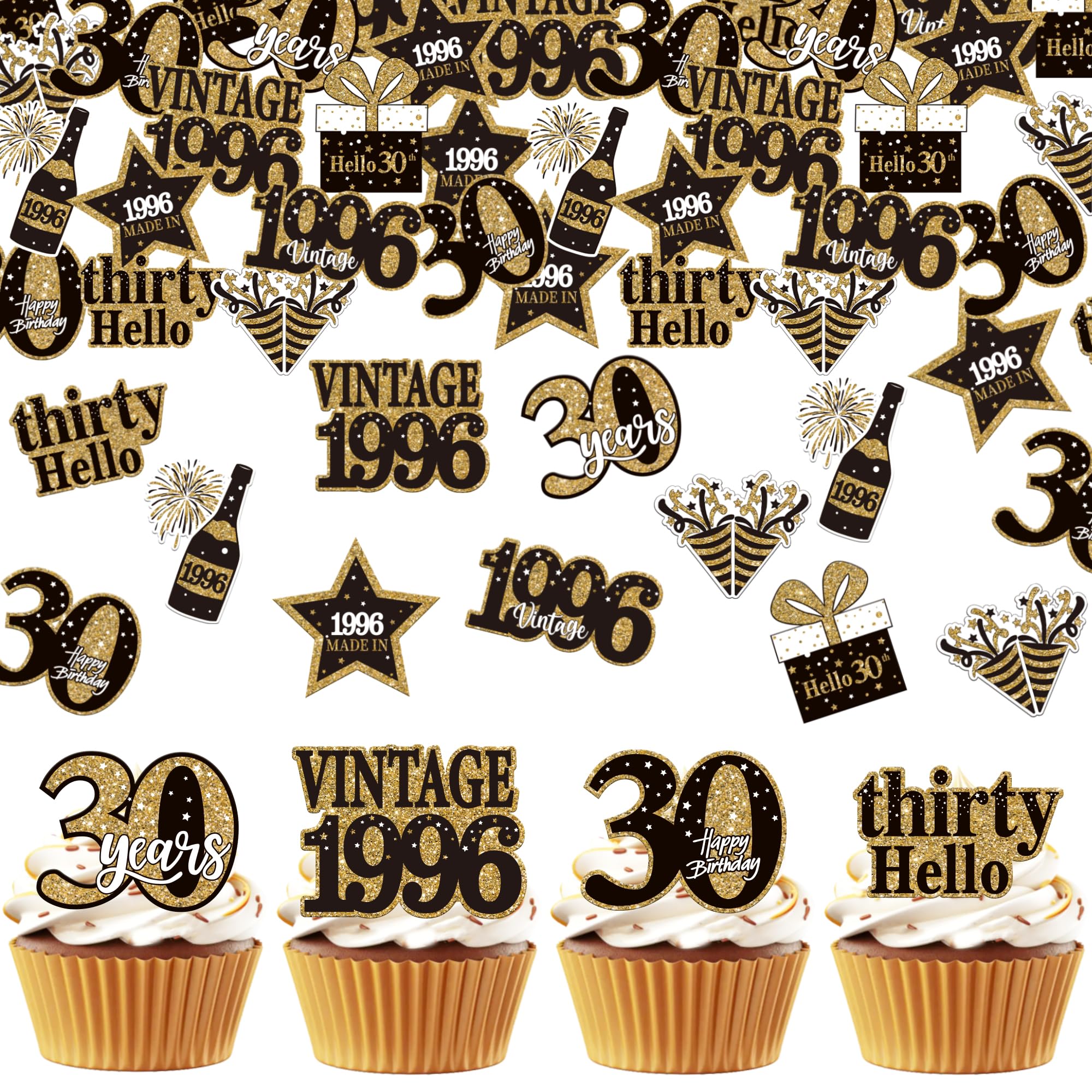 SYKYCTCY 63 Pack Edible Happy 30th Birthday Cupcake Toppers Vintage 1996 Thirty Cupcake Picks Hello 30 Cheers to 30 Years Cupcake Decorations for 30th Birthday Party Cake Decorations Supplies โ image 1