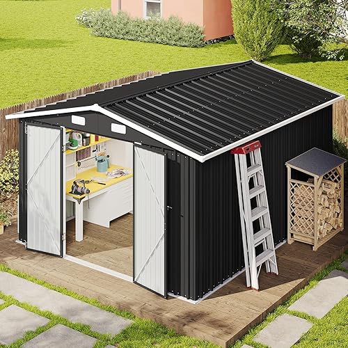 Vista 23 de Aoxun Cobertizo de almacenamiento al aire libre de 80 pies cúbicos impermeable para jardín, cobertizo de herramientas de metal, color marrón