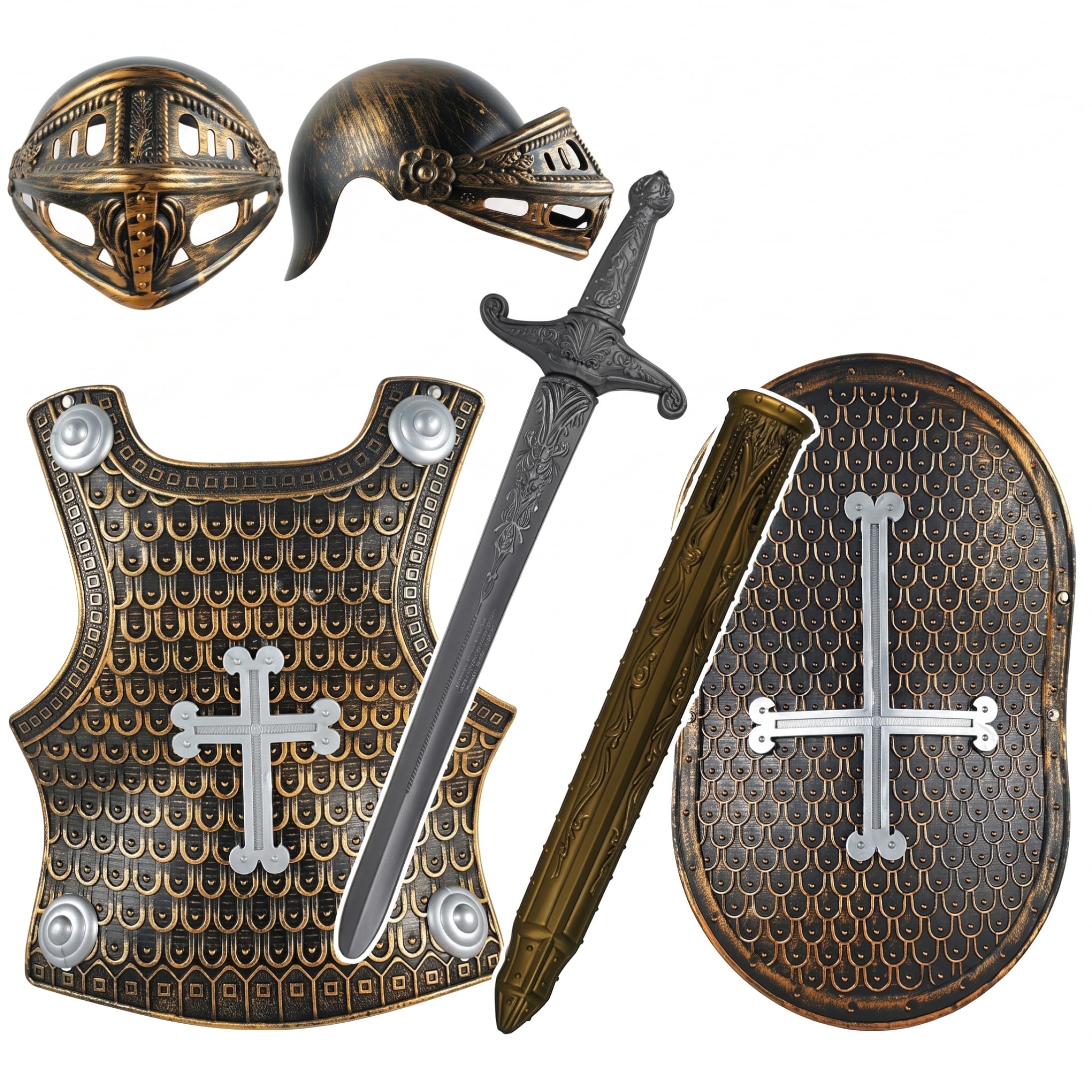 Set di armature da cavaliere per bambini in bronzo da 5 pezzi, costume di Halloween adatto a 3-8 anni