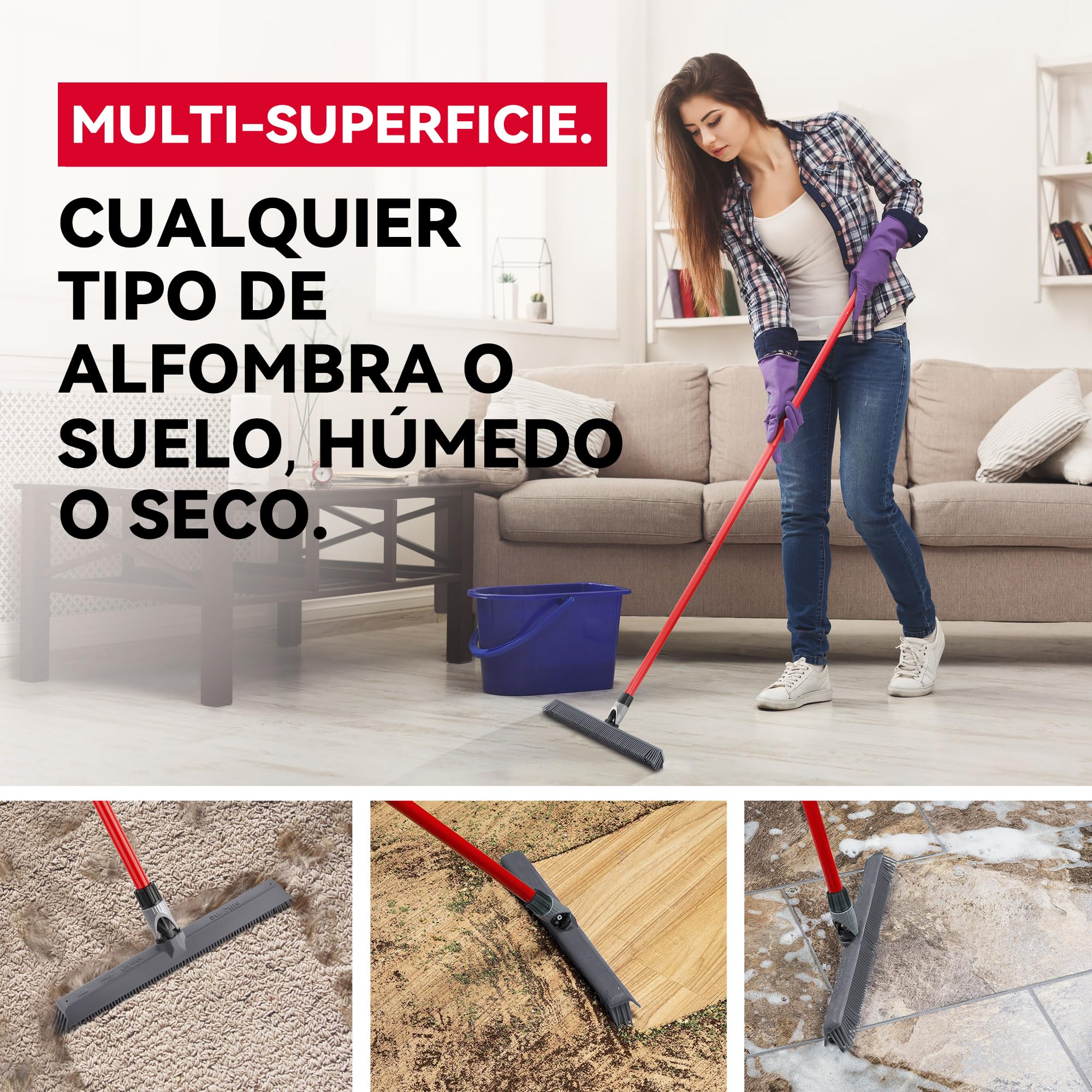 Tyroler Escoba de Goma para Suelo y Haragán 2 en 1 | 40 cm Cabezal de Silicona 100% | 140 cm Mango de Aluminio de 4 Piezas para Escoba de Silicona | Escobas Silicone Suelo