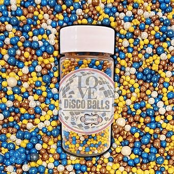 Confect Love Candy Sprinkles Mix Blue Yellow Gold White Disco Balls Edible Sugar Pearls for Cake & Cupcake Decorating Decorative Confectionery Toppings | Vegan, Gluten-Free, Nut-Free, Soy-Free, Dairy-Free, Palm Oil-Free- 4.2 Oz
