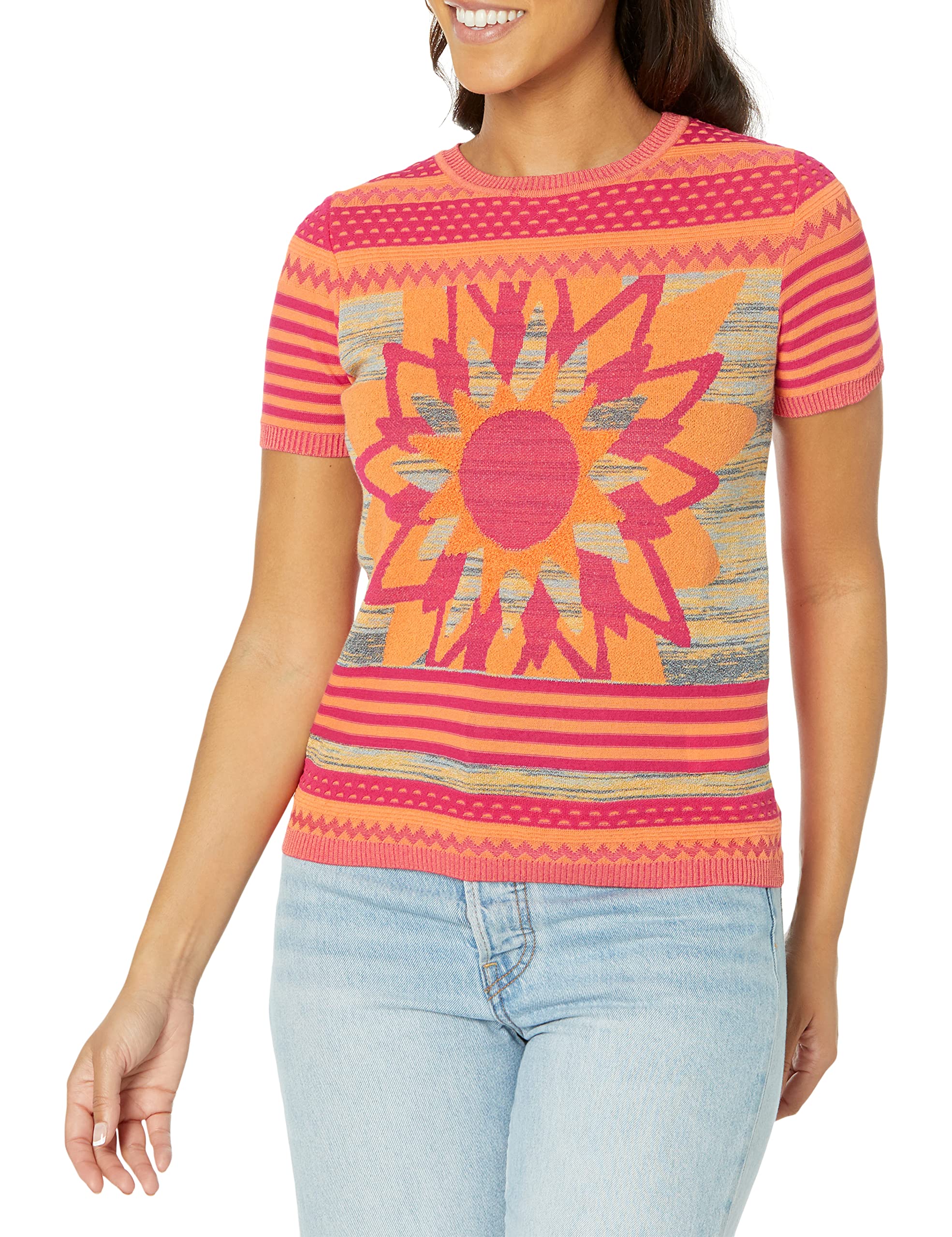 Desigual Lucca 23SWTKAD 1970s Flower Orange Knit Tshirt