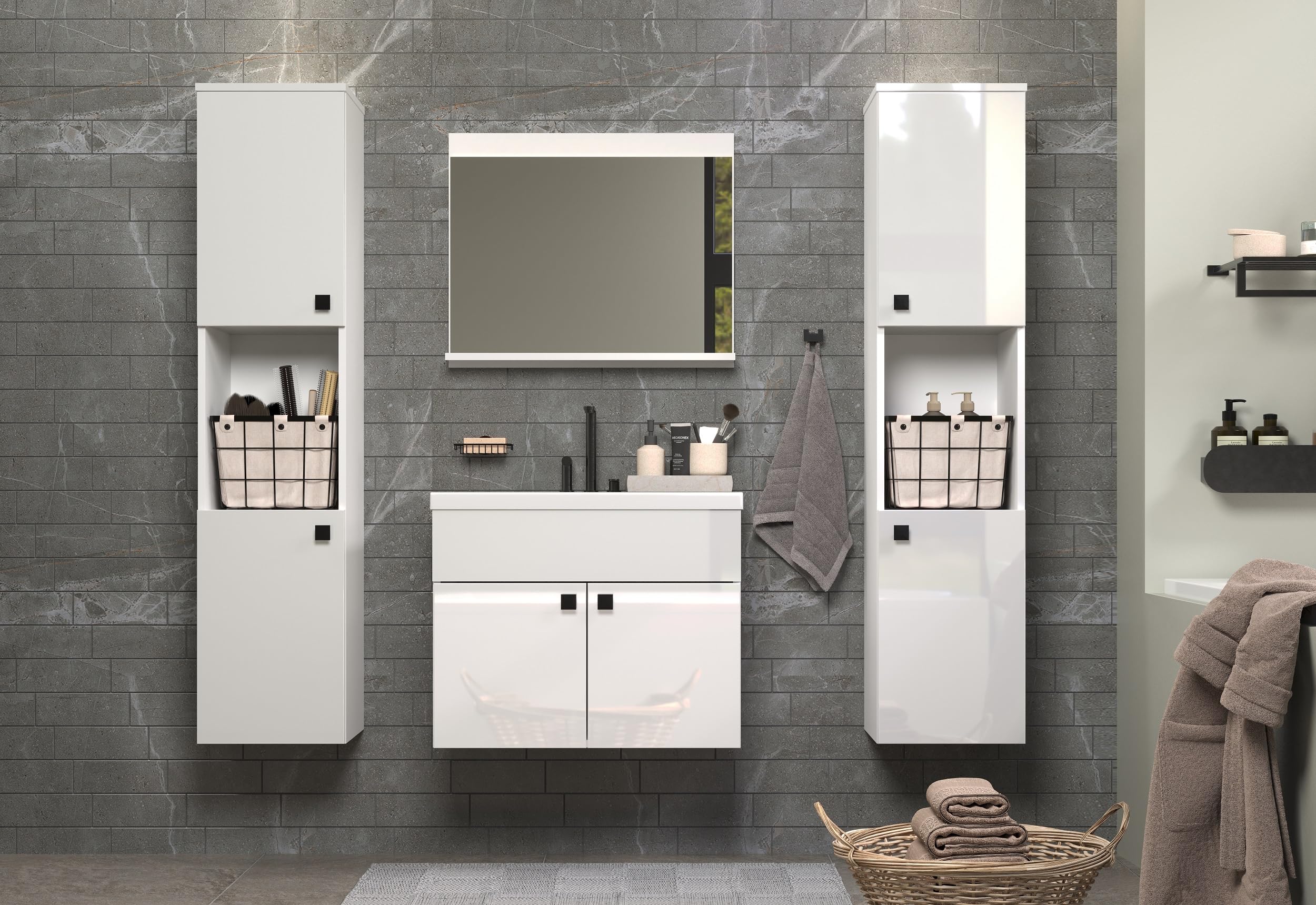 trendteam smart living Haven Badmöbel-Set Weiß/Weiß Hochglanz Lackiert 142 x 133 x 40 cm Waschbeckenschrank Hängend Inklusive Keramik-Einsatzwaschbecken 2 Hochschränke 1 Spiegel