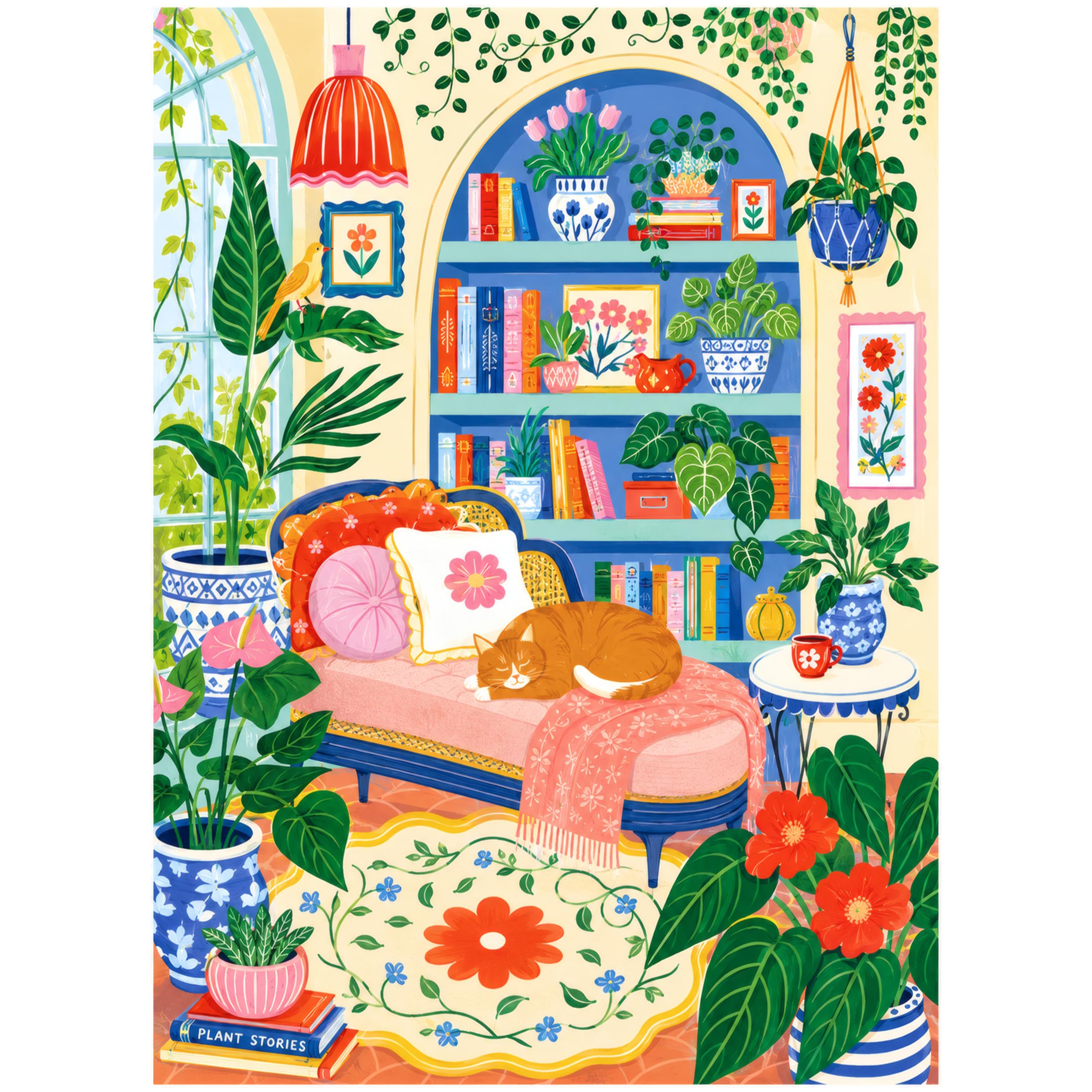 Cozy Plant Room 500 Piece Jigsaw Puzzle for Adults & Teens, Colorful Cottagecore Reading Nook with Bookshelf, Indoor Greenery, Floral Pillows, Sleeping Orange Cat, Bird and Bright Botanical Shelf Art