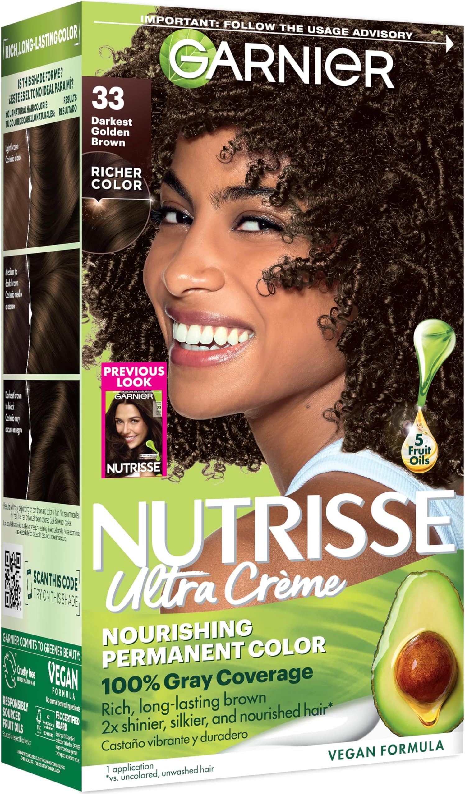 Nutrisse Ultra Crème Hair Color, Permanent Hair Dye with 100% Gray Coverage, Vegan & Cruelty-Free, 33 Darkest Golden Brown (Caramel Fudge), 1 Count