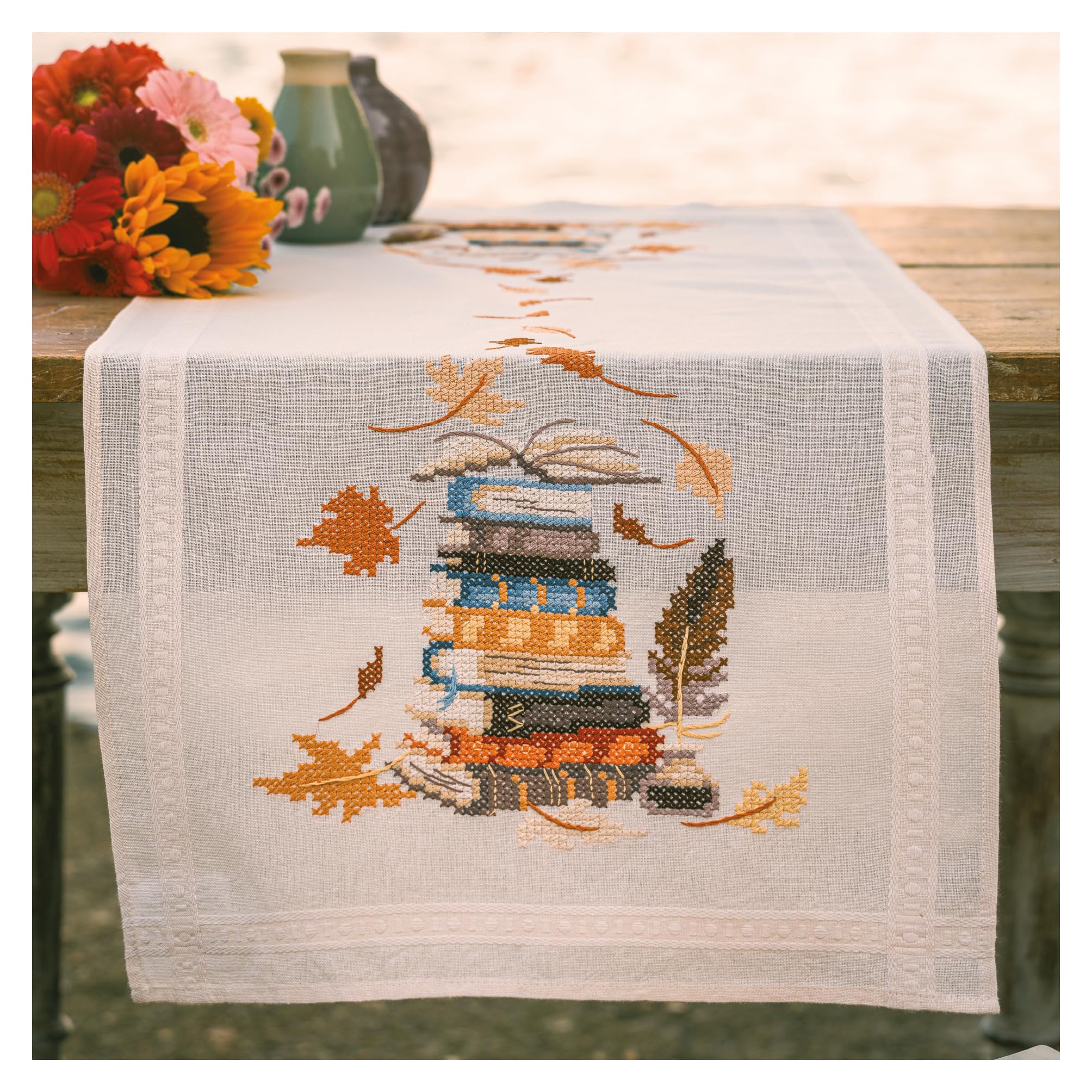 VERVACO Kit Point De Croix Pré-Imprimé Chemin De Table Lecture d'automne Broderie Kit Complet Adulte Loisir Créatif Maison Decoration Manuelle Table Cadeou DIY 40 x 100 cm Cross Stitch Embroidery