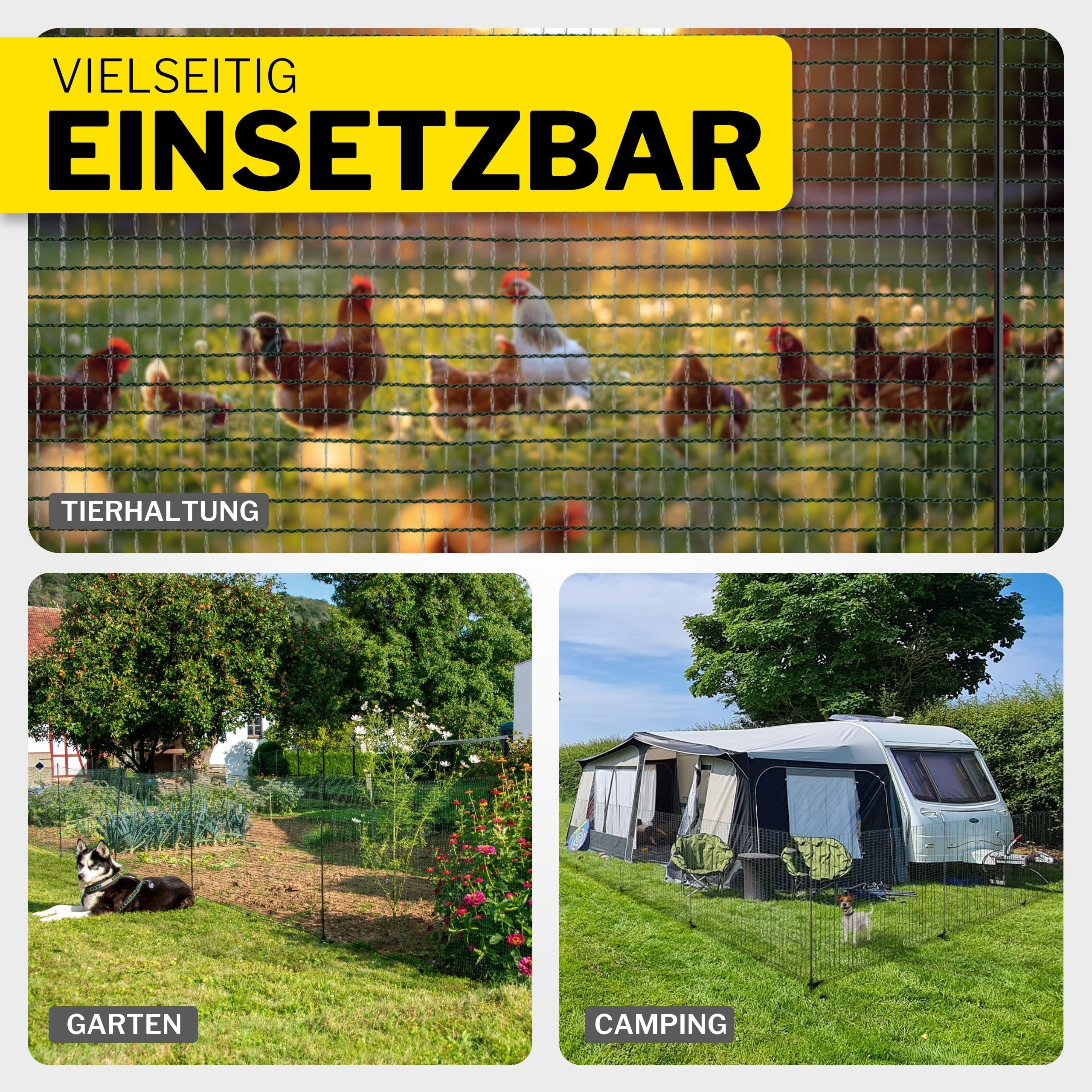 horizont Begrenzungszaun FIX, mobiler Zaun 25m Lang & 110cm hoch, engmaschig für Garten, Camping & Haustiere, inkl. 15 Fiberglaspfählen & 20 Heringen, Beetschutz, Hundezaun, Absperrzaun, Steckzaun