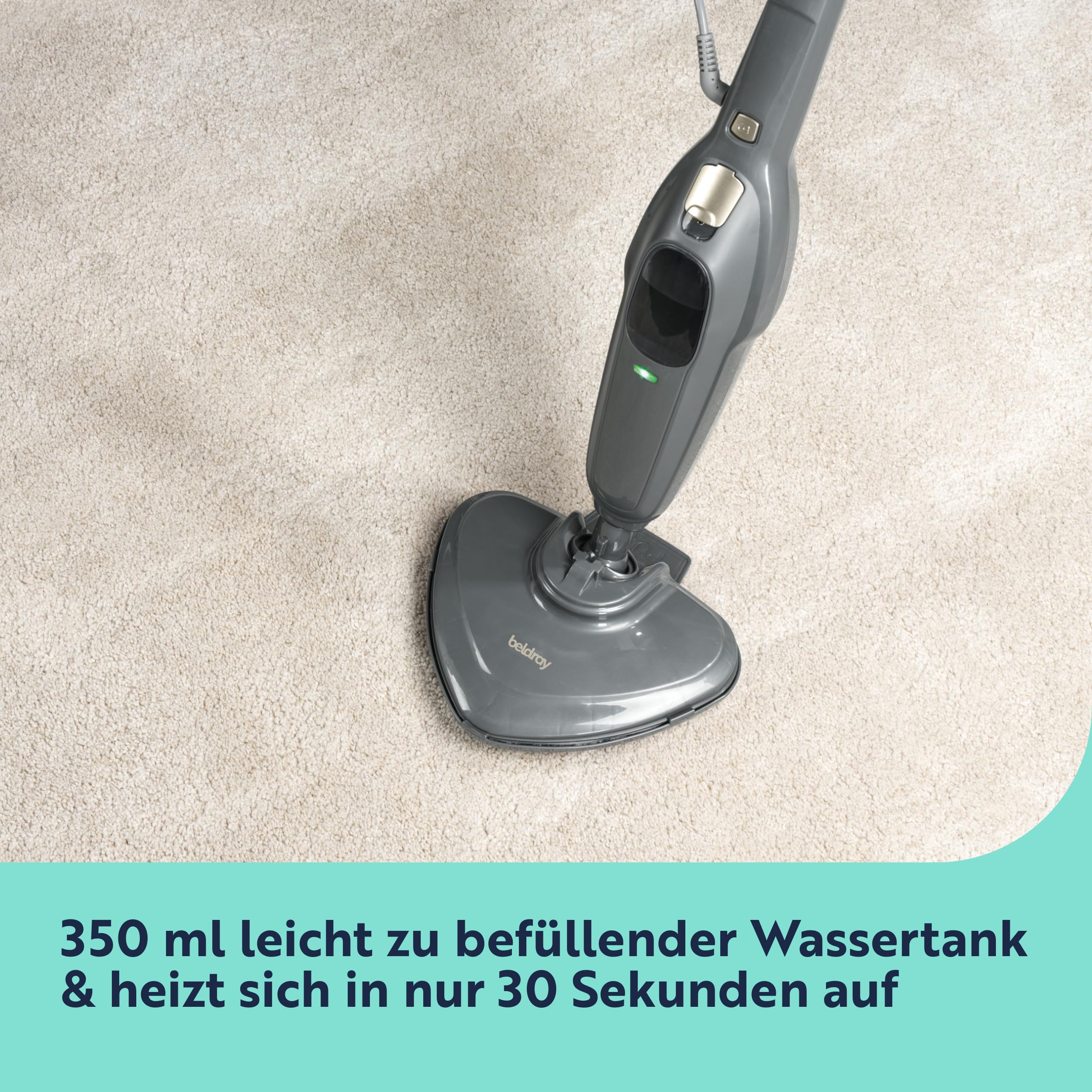 Beldray Clean & Refresh Dampfreiniger – Dampfmopp, Chemikalienfreie Reinigung, Präzisionskopf für Ecken, Schnellaufheizung, 350 ml Wassertank, Teppich, Laminat, Holz, 1300W, BEL01986VDE
