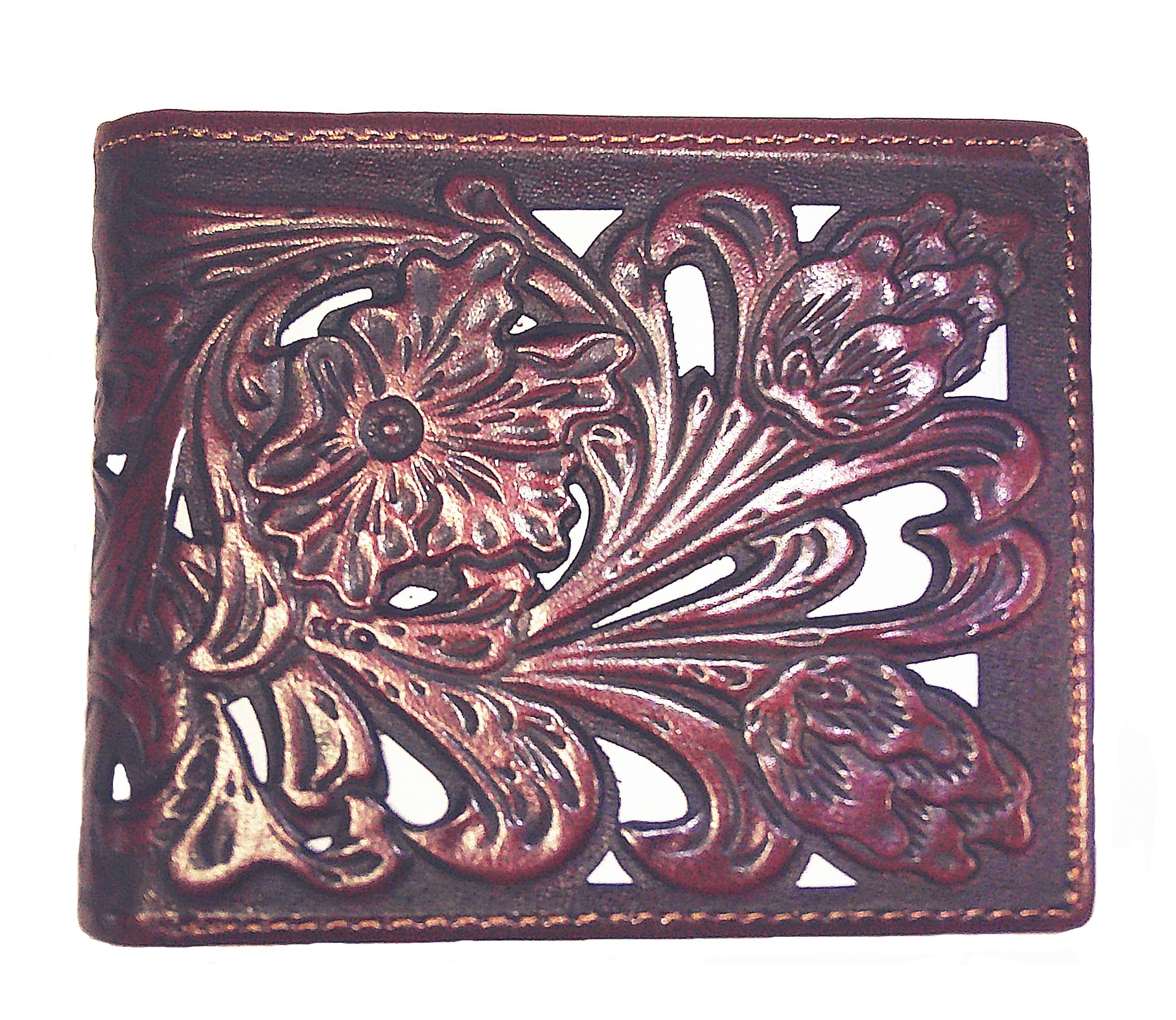 Western Genuine Tooled Leather Laser Cut Men's Bifold Short Wallet in 8 Colors (Black/Beige)
