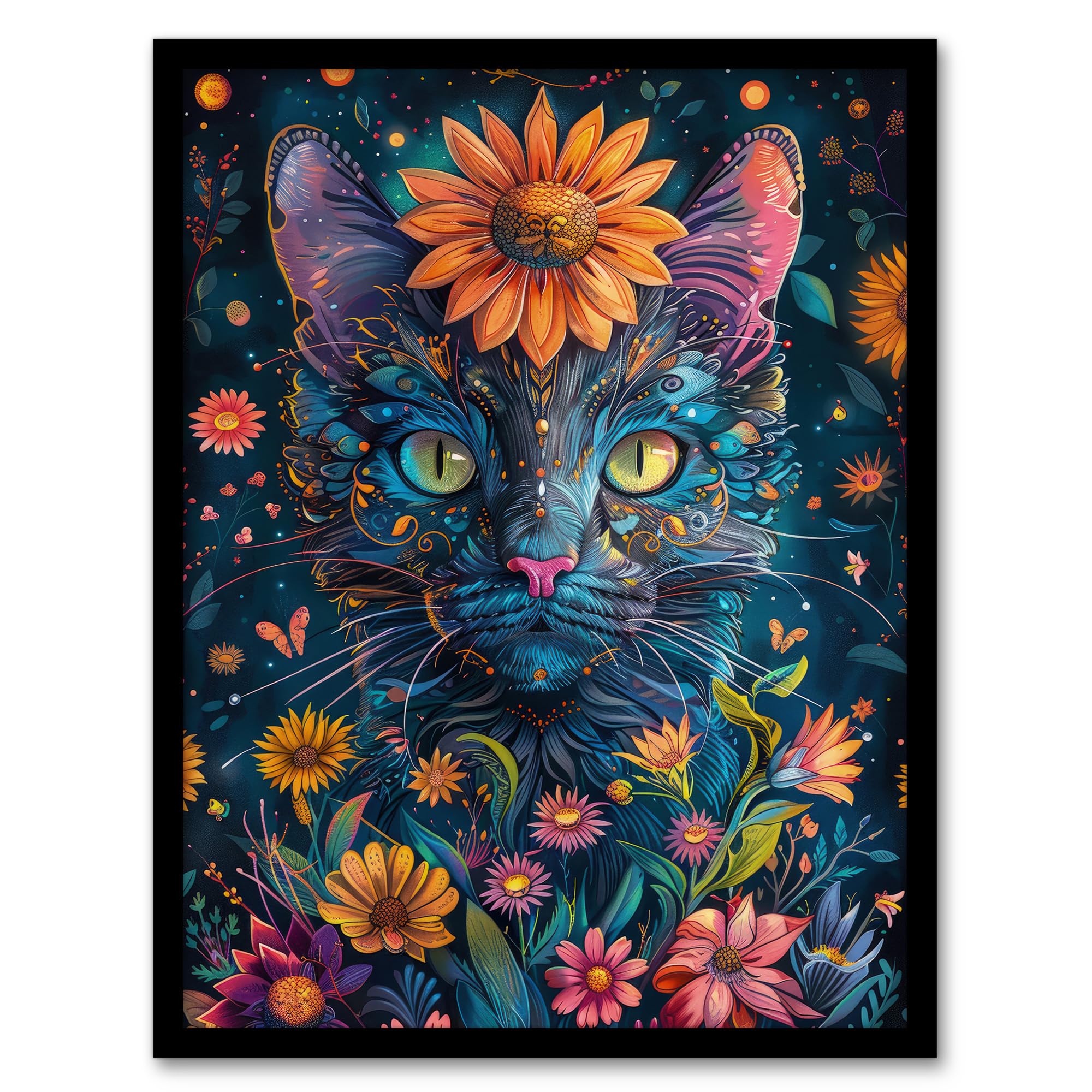 Artery8 Mystic Cat in Flowers Hippy Night Abstract Animal For Living Room Artwork Framed Wall Art Print 18X24 Inch