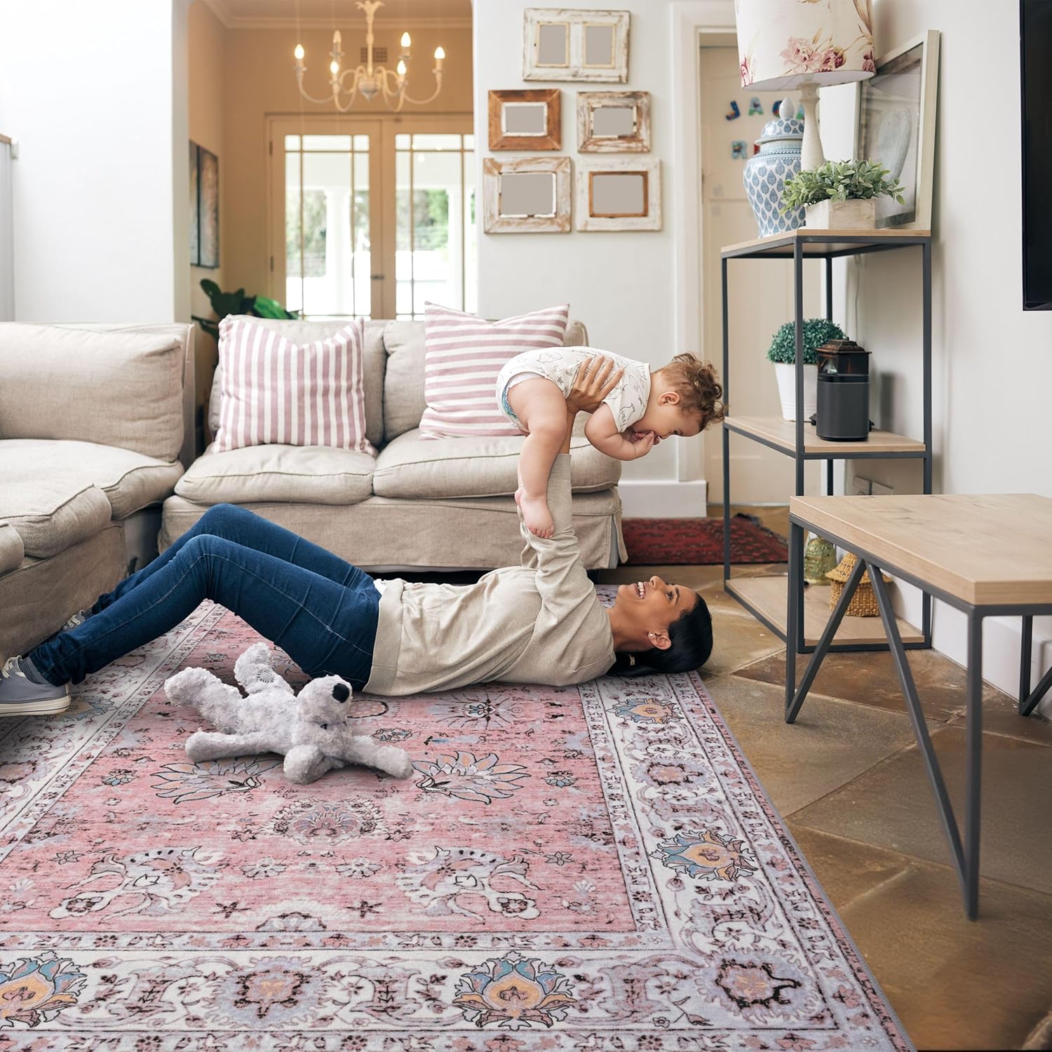 6x9 Washable Area Rug Pink Living Room Non Slip Chenille Floral Vintage Bedroom Carpet Stain Resistant Indoor Low-Pile Soft Patterned Printed Dining Room Rugs