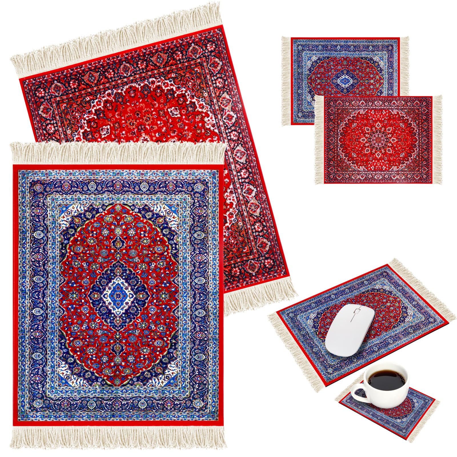 Hushee 4 Pcs Persian Style Carpet Mouse Pad Mini Vintage Coasters Oriental Mouse Pad Floral Pattern Graduation Gift Rug with Anti Slip Rubber Base for Doll House Desk(Classic Style)