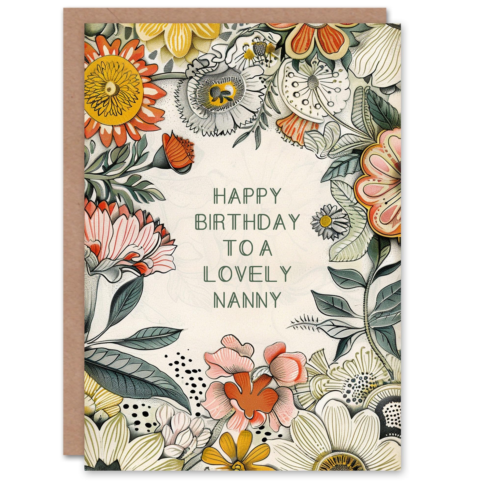Artery8 Nanny Happy Birthday Card Flower Bouquet Peony Daisies Sunflowers Botanical For Her Greeting Card
