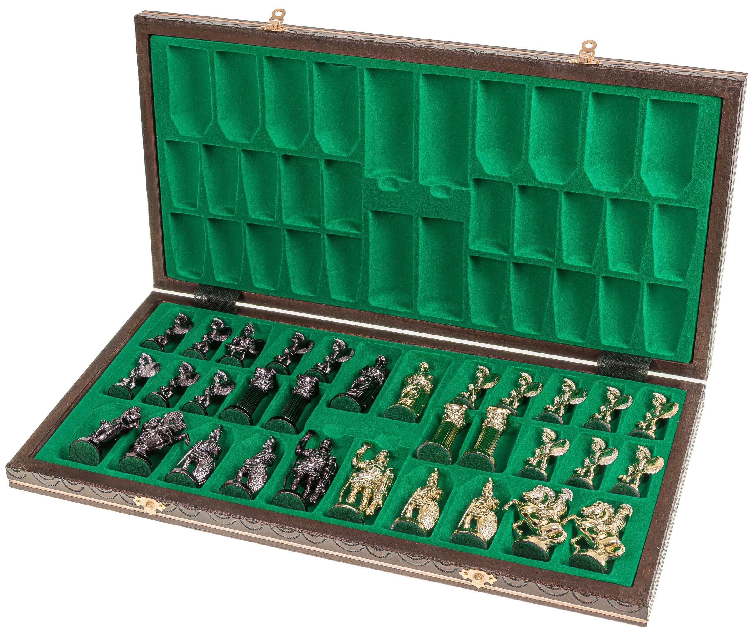 Square - Echecs Romain Gold - Échiquier en Bois - 52 x 52 cm & Pièces d'échecs métallisées - Noir et Argent – Artisanat