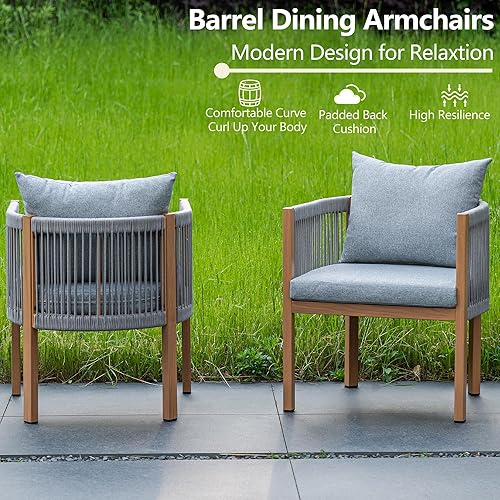 Miniatura 7 de Juego de 2 sillas de comedor al aire libre, juego de muebles de patio de mimbre con reposabrazos, sillas de patio acolchadas para mesa de comedor,