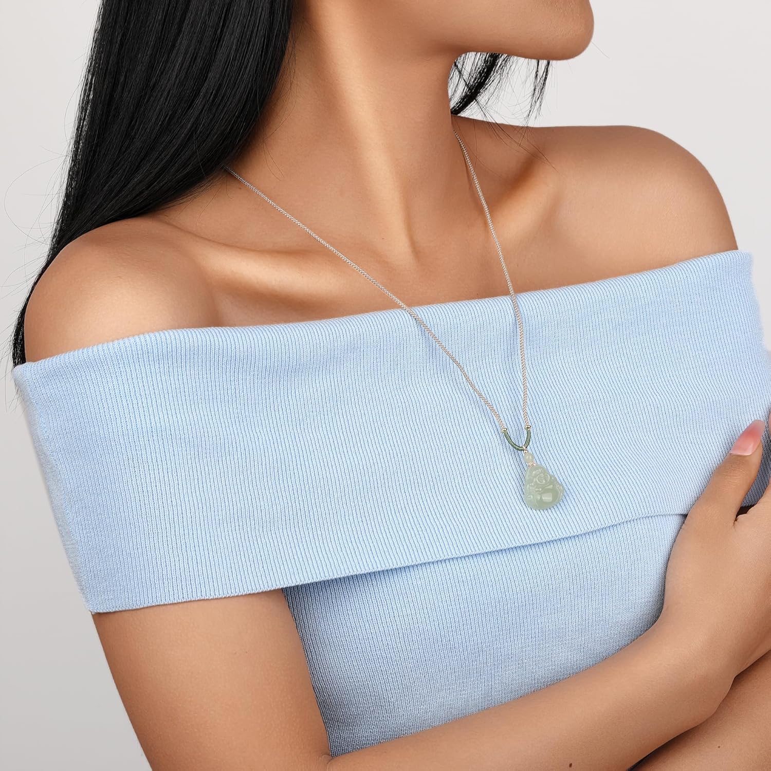 Natural Hetian Jade Happy Laughing Buddha Pendant Necklace for Women, Green Vintage Lucky Buddha Necklace Jewelry Gift Green Jade necklace Jewelry for Women Men