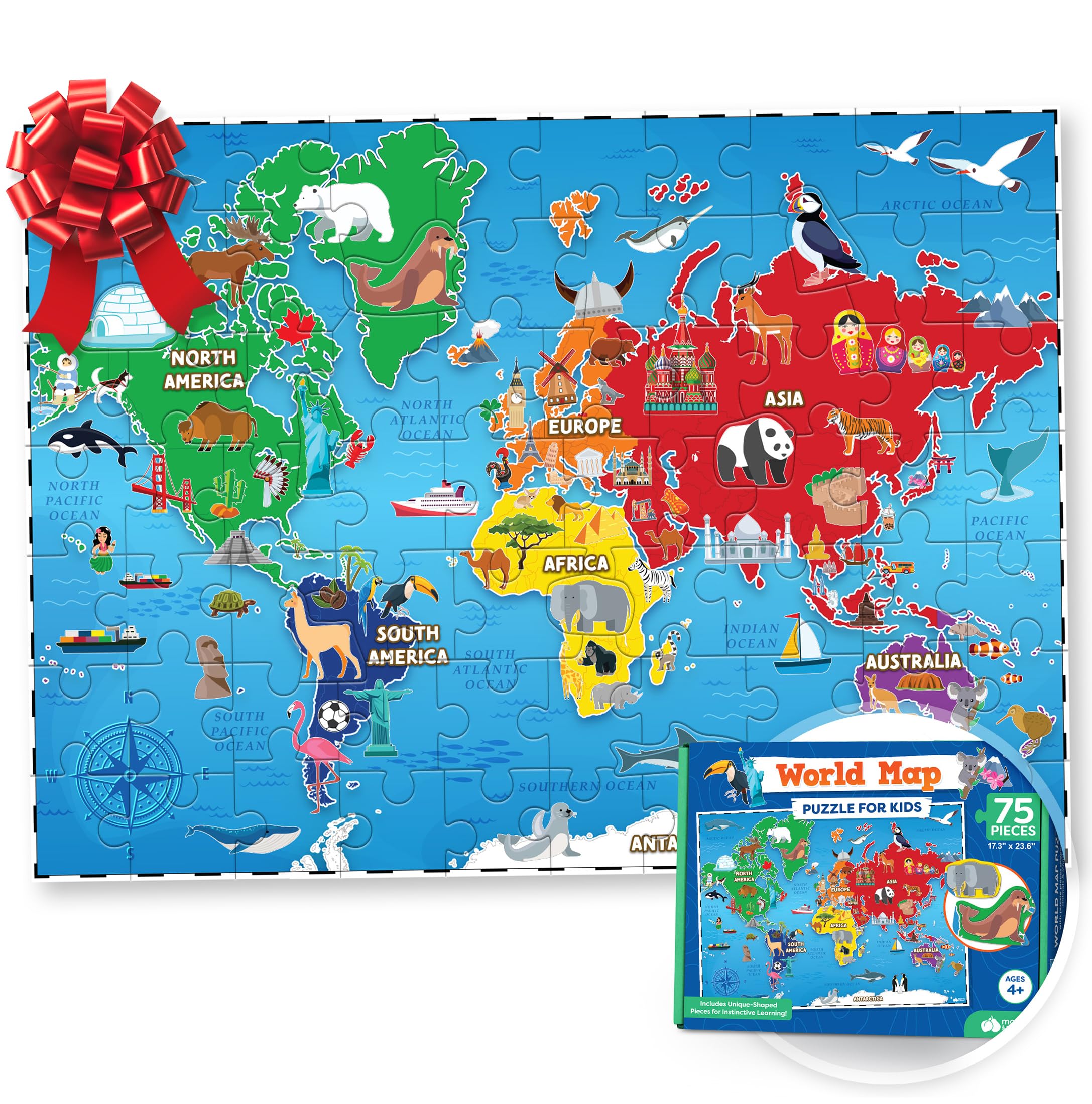 Momo & Nashi World Map Puzzle For Kids|75 Piece|World Puzzles With Continents|Childrens Jigsaw Geography Puzzles For Kids Ages 4-8|5|6|7|8-10 Year Olds|Globe Atlas Puzzle Maps For Kids Learning Games