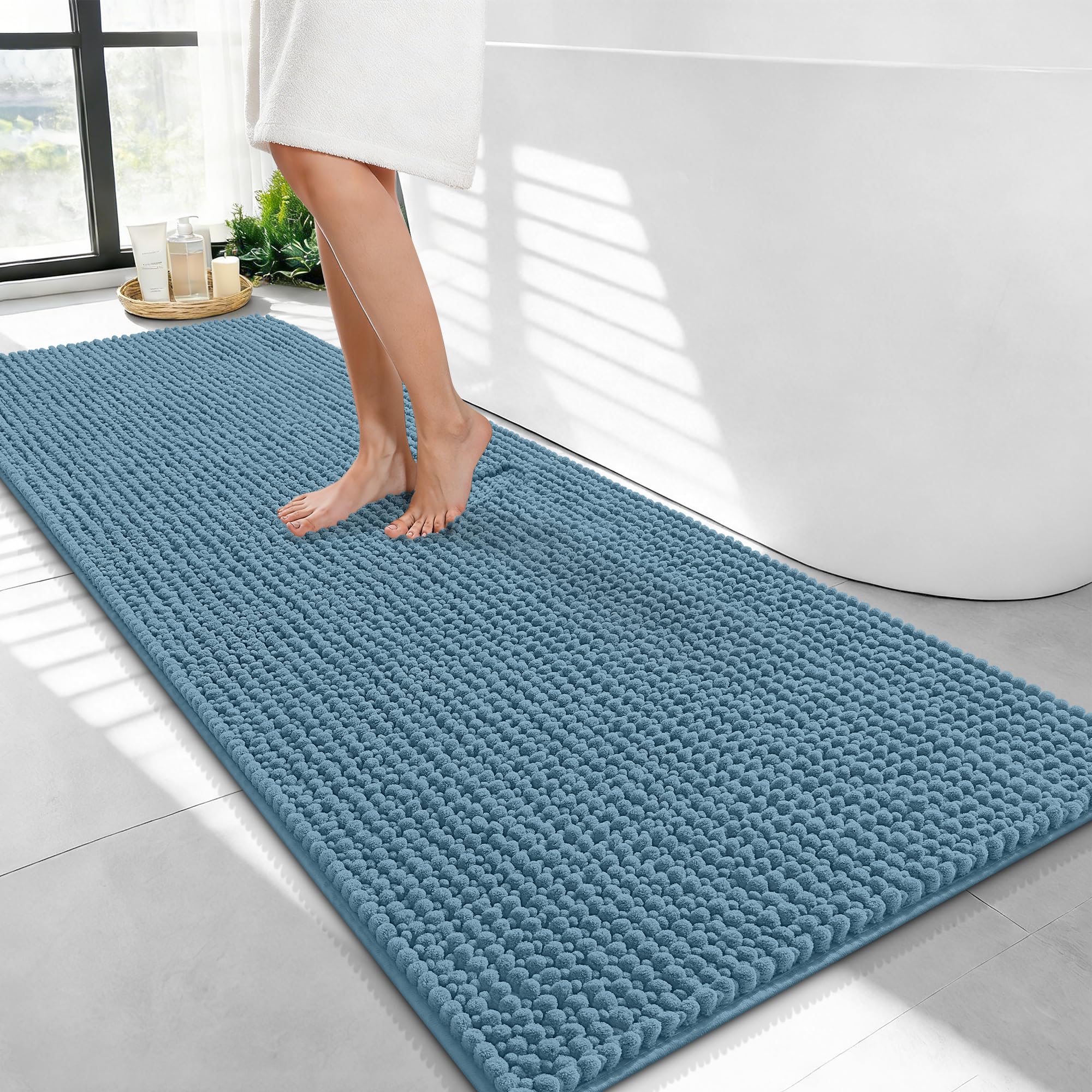 OLANLY Thick Chenille Bathroom Runner Rugs Mats 47x24, Airy Blue