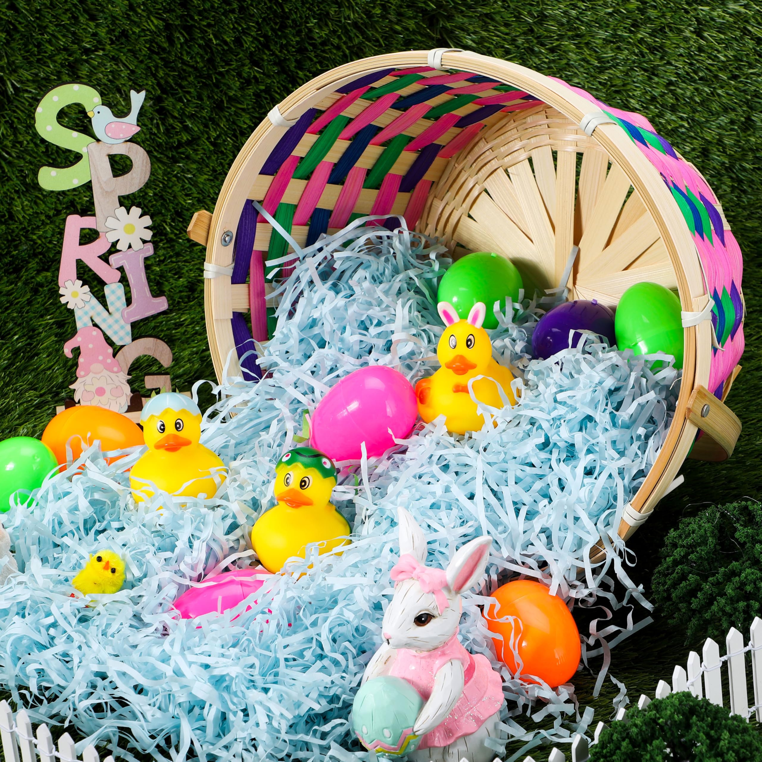JOYIN Osterkorb, bunt, rund, gewebt, leer, Geschenkkorb mit klappbarem Griff, für Mädchen und Jungen, Ostereiersuche, Party-Leckereien