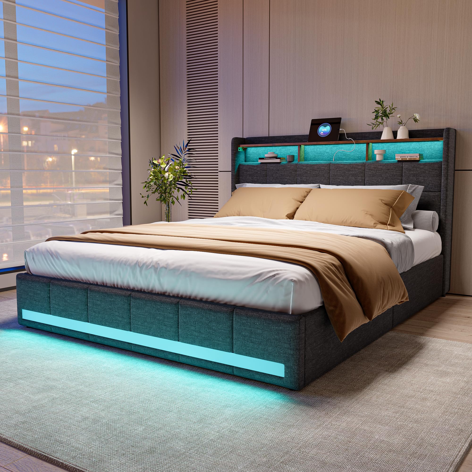 Letto 160 x 200 con rete LED e ricarica USB, letto matrimoniale imbottito 4 cassetti, testiera di stoccaggio in lino, letto grigio per adulti e adolescenti