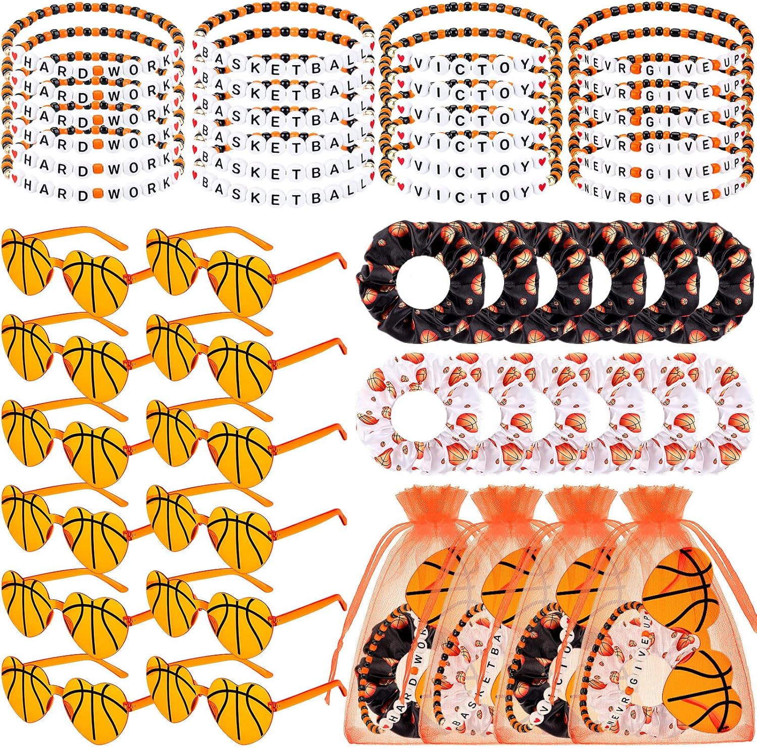 60 Pcs Basketball Team Gifts Bulk Friendship Bracelets Basketball Print Hair Scrunchies Heart Sunglasses Bag for Sports Gifts Tournament Birthday Party Decoration Women Cheerleader