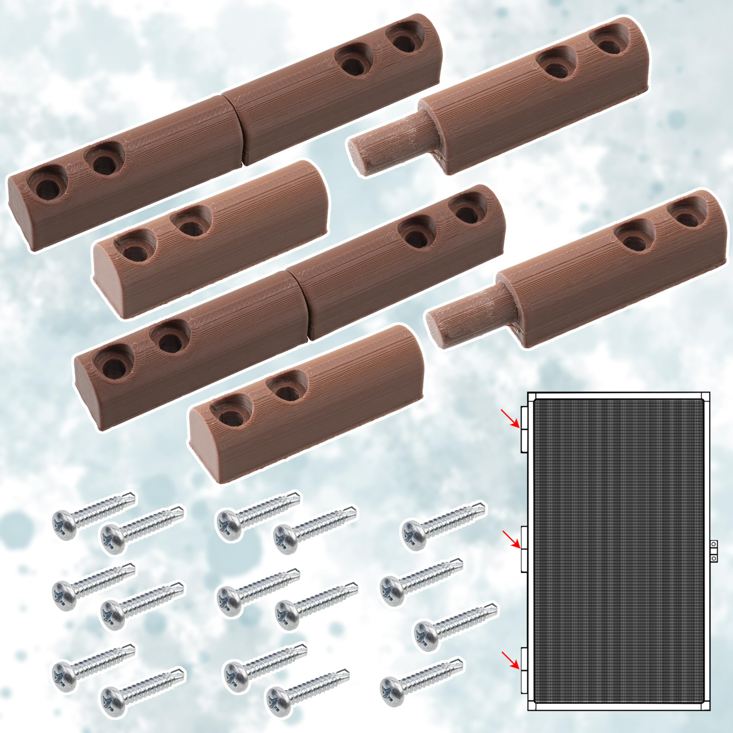 AERZETIX - Set di 4 cerniere avvitabili da 90 mm per telaio di zanzariera adatte a finestre e porte + 16 viti autofilettanti Ø3.9x22 mm | in plastica colore marrone