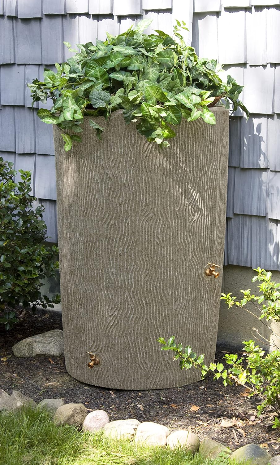Rain barrel positioned next to a house with a downspout