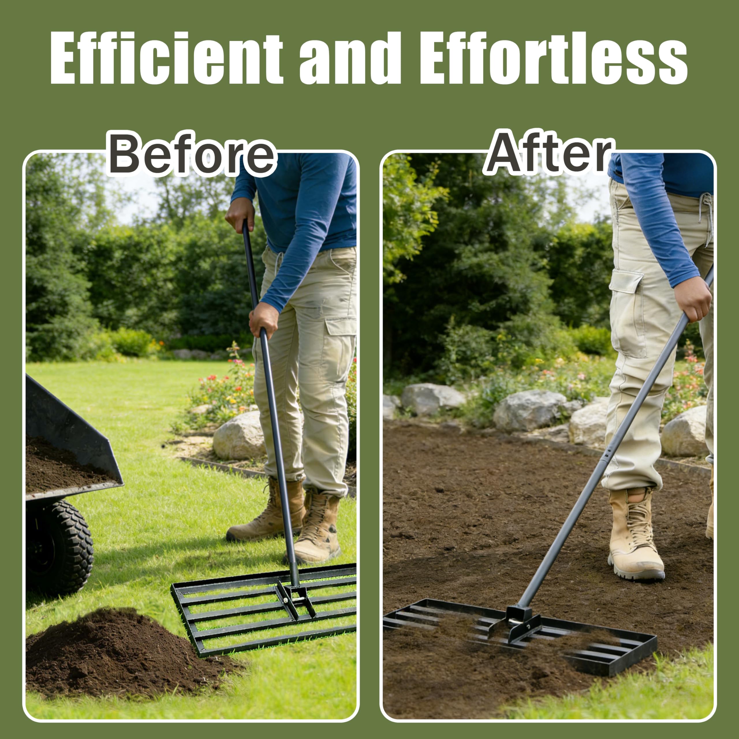 Rasenrakel 120cmx25cm, Schwerer Nivellierrechen mit Ergonomischem Gebogenem Griff, Rasenrechen für Erde, Kies, Dünger, Ideal für Garten, Hof und Golfplatz (185cm)