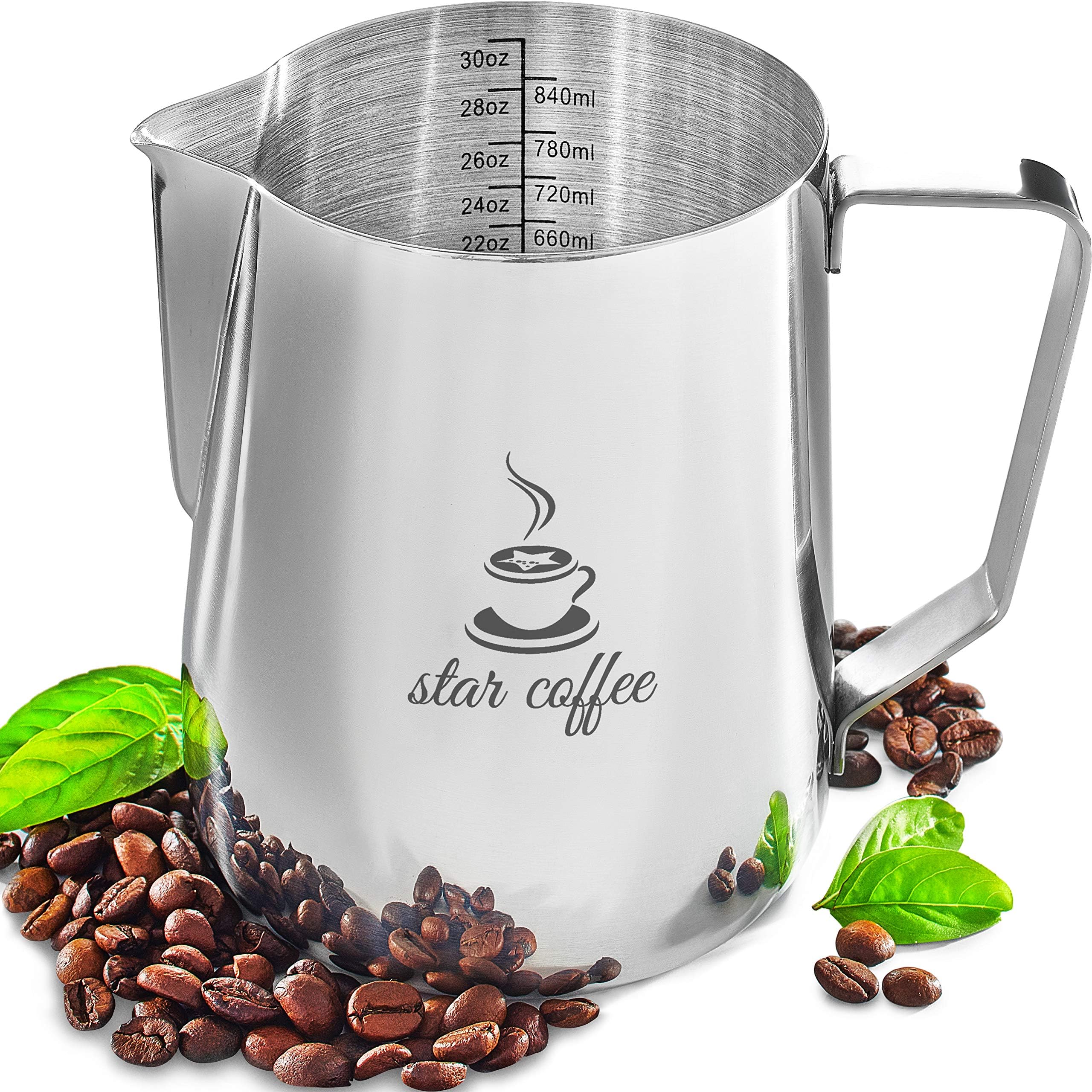 Milk Frothing Pitcher 30oz - Steaming Pitchers - Measurements on Both Sides Inside Plus eBook - Frother cup for Espresso Machines, Milk Frothers, Latte Art - Stainless Steel Coffee Jug