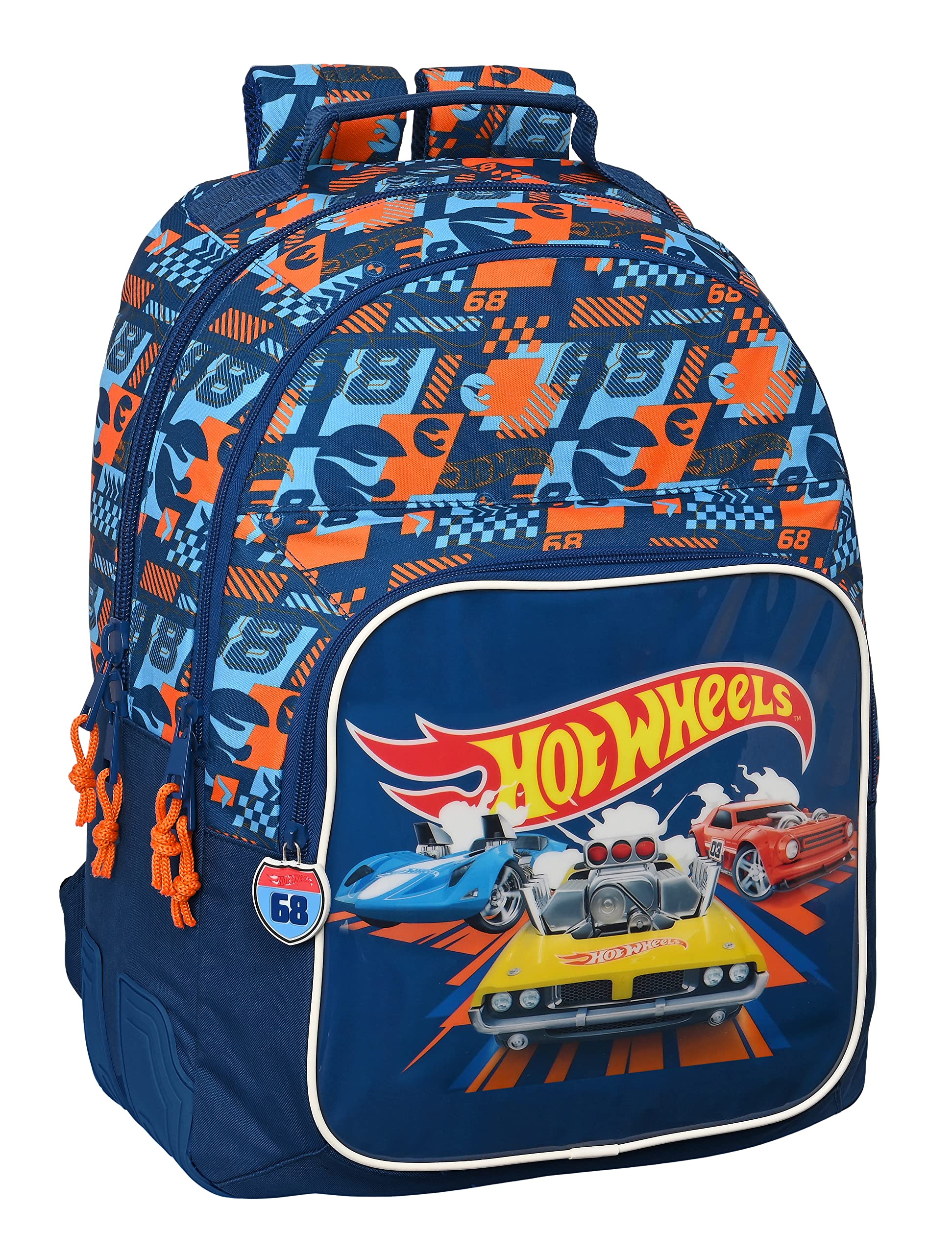 Safta M773, Hot Wheels Speed Club-Mochila Escolar Infantil, Ideal Diferentes Edades, Cómoda y Versátil, Calidad y Resistencia, 32x15x42 cm, Color Azul Marino y Naranja Unisex niños, Estándar