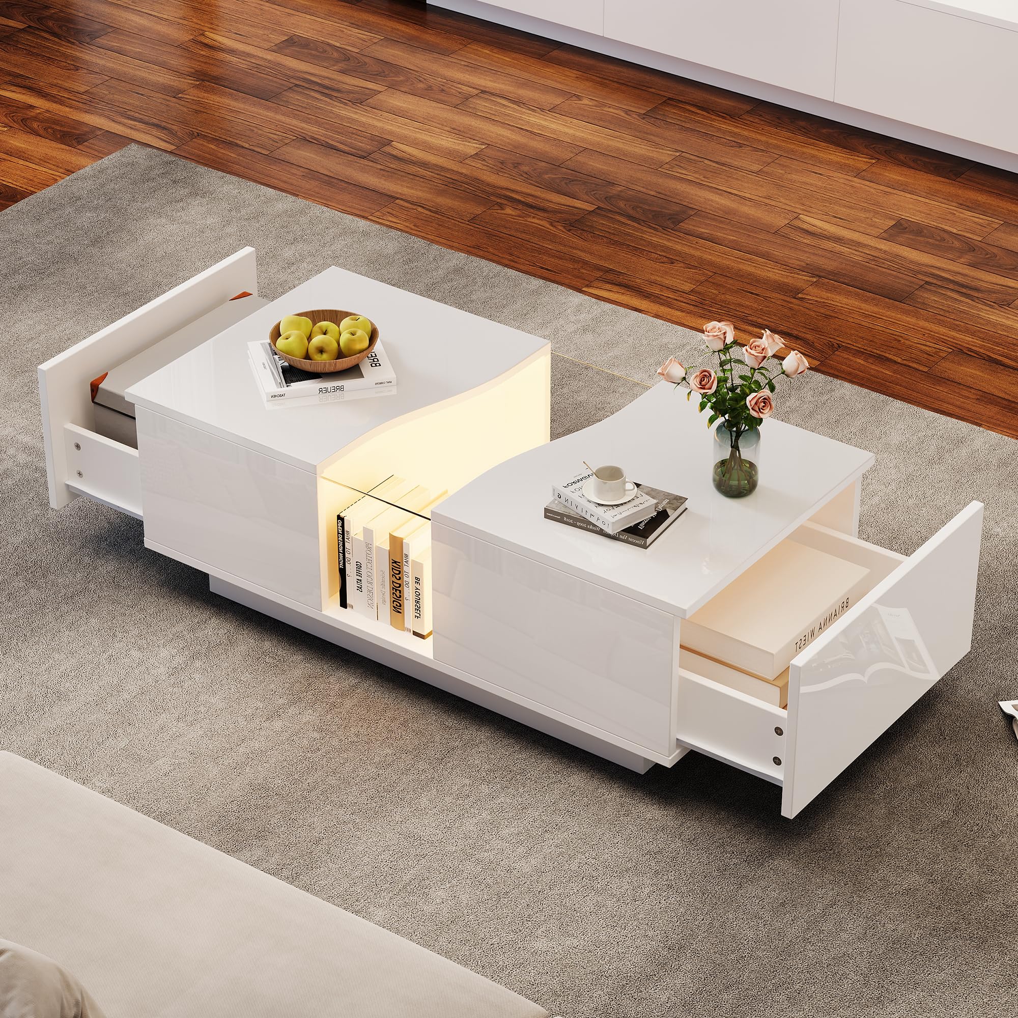 ModernLuxe LED Coffee Table with 2 Drawers, White High Gloss Center Table for Living Room, 16-Color RGB LED Lights, Multifunctional Storage, Modern End Table with Acrylic Top, 100 x 50 x 35 cm — image 1