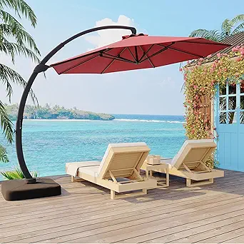 11FT Cantilever Patio Umbrella With Base Included, Cantilevers Outdoor Umbrella Heavy Duty Offset, Aluminium Curved Cantilever Umbrella