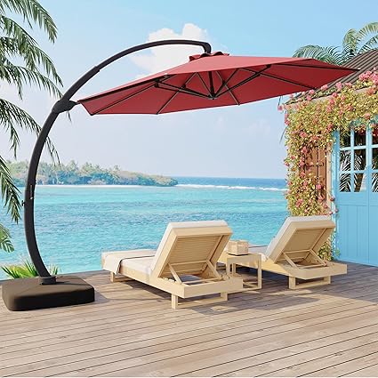 11FT Cantilever Patio Umbrella With Base Included, Cantilevers Outdoor Umbrella Heavy Duty Offset, Aluminium Curved Cantilever Umbrella