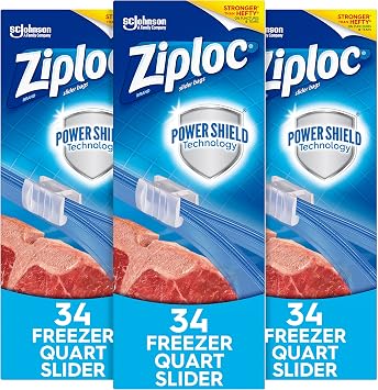 Ziploc Slider Freezer Bags with New Power Shield Technology, Quart, 34 Count, Pack of 3 102 Total Bags