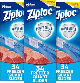 Ziploc Slider Freezer Bags with New Power Shield Technology, Quart, 34 Count, Pack of 3 (102 Total Bags)