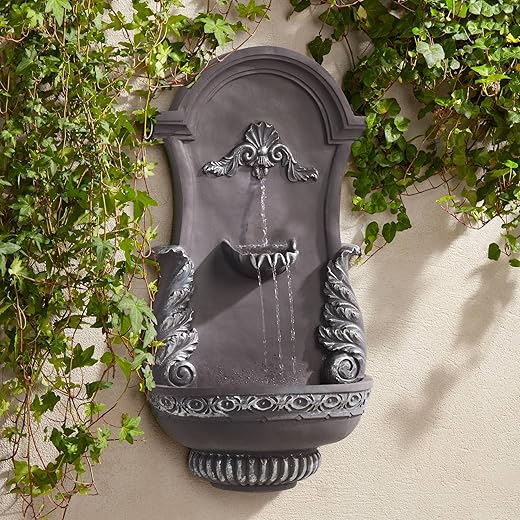 Tivoli Rustic Outdoor Wall Water Fountain 2-Tiered Smoke Gray Ornate Acanthus Leaf 33" for Yard Garden Patio Backyard Deck Home Lawn Porch House Exterior Balcony - John Timberland