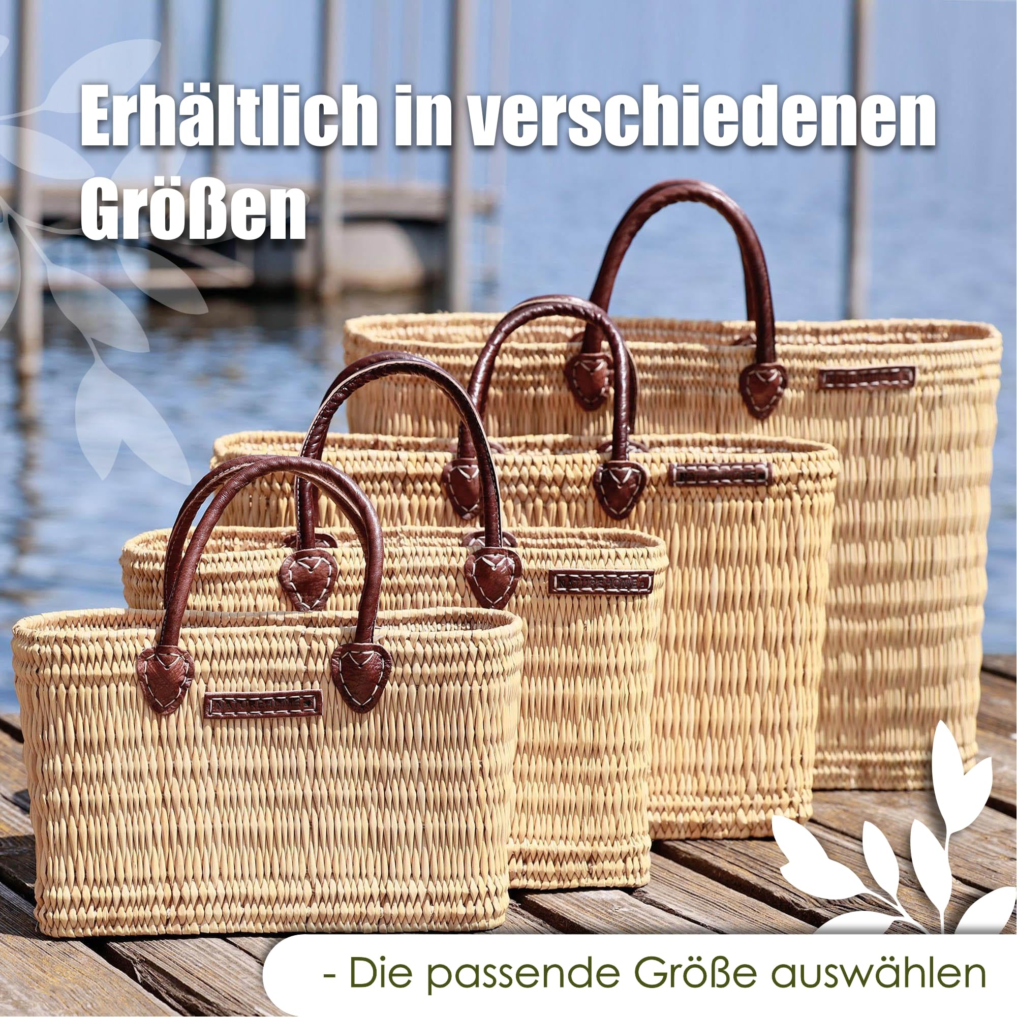 NATUREHOME Ręcznie plecione torby z trzciny i liści palmowych torba beachbag ze skórzanymi uchwytami naturalna torba łazienkowa, naturalny, Schilfrohrkorb M