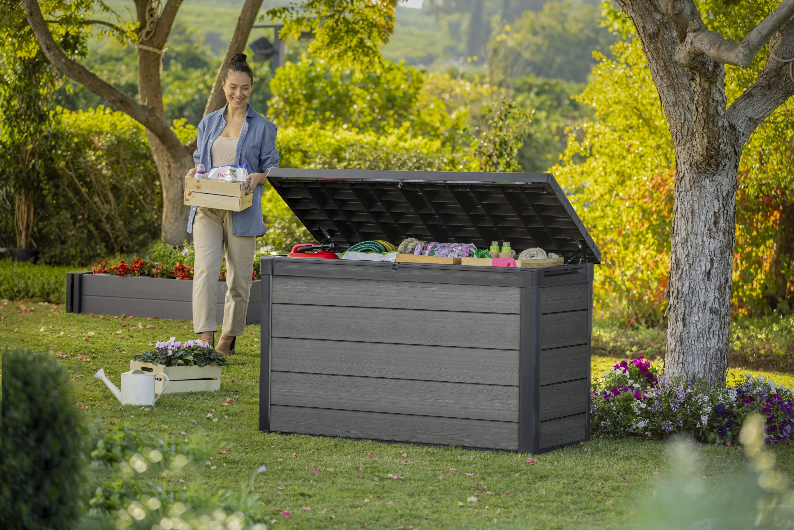 Keter Cortina - Caja para cojines (200, 757 L, dimensiones exteriores: 151,7 x 72,5 x 90 cm, resistente a la intemperie, impermeable, material Evotech)