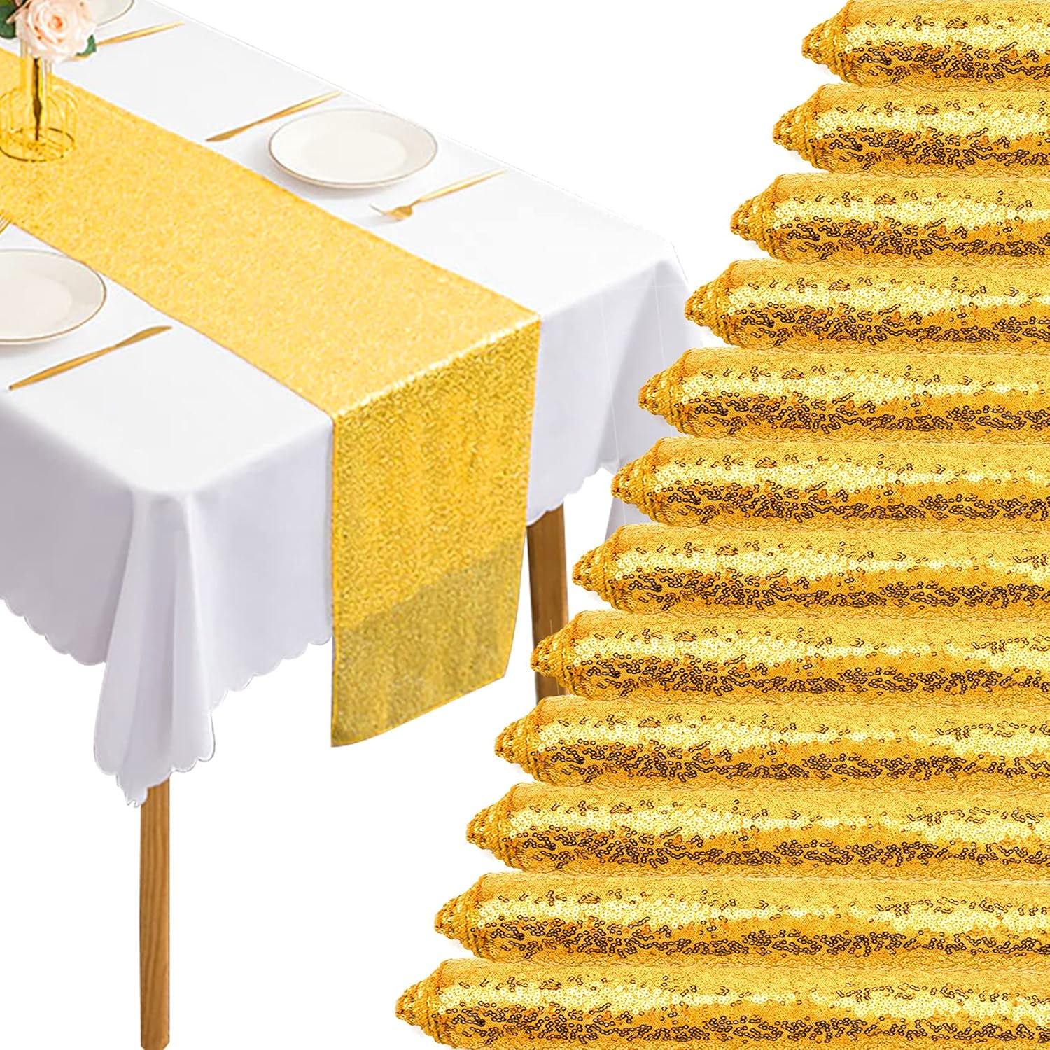 12 Packs 12 X 72 Inch Gold Sequin Table Runner Glitter