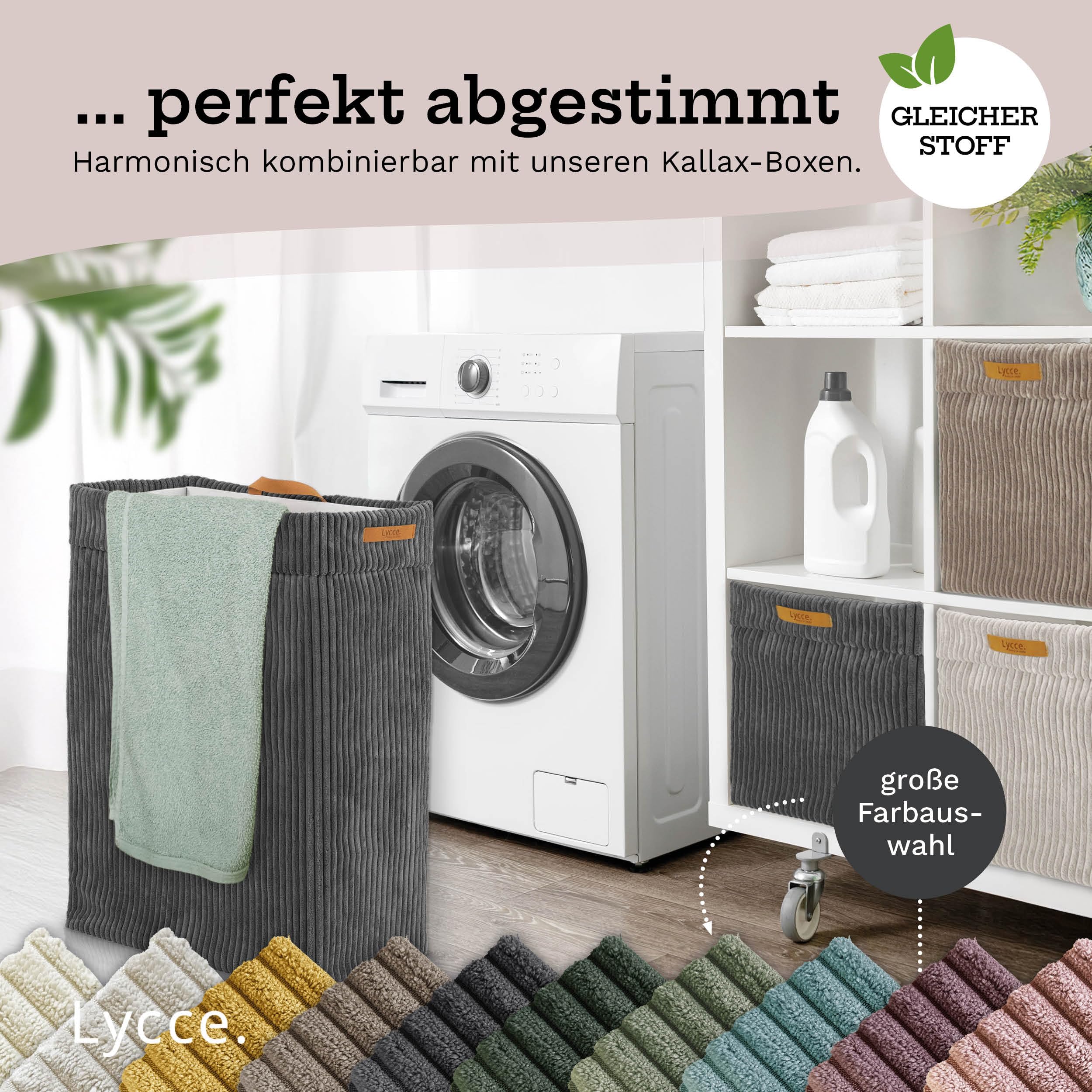 Lycce Wäschekorb Cord – Nischenwäschekorb, waschbar, faltbar (d.grau) | platzsparend & praktisch, waschbare Bezüge, faltbar, Schlafzimmer, Kinderzimmer & Badezimmer