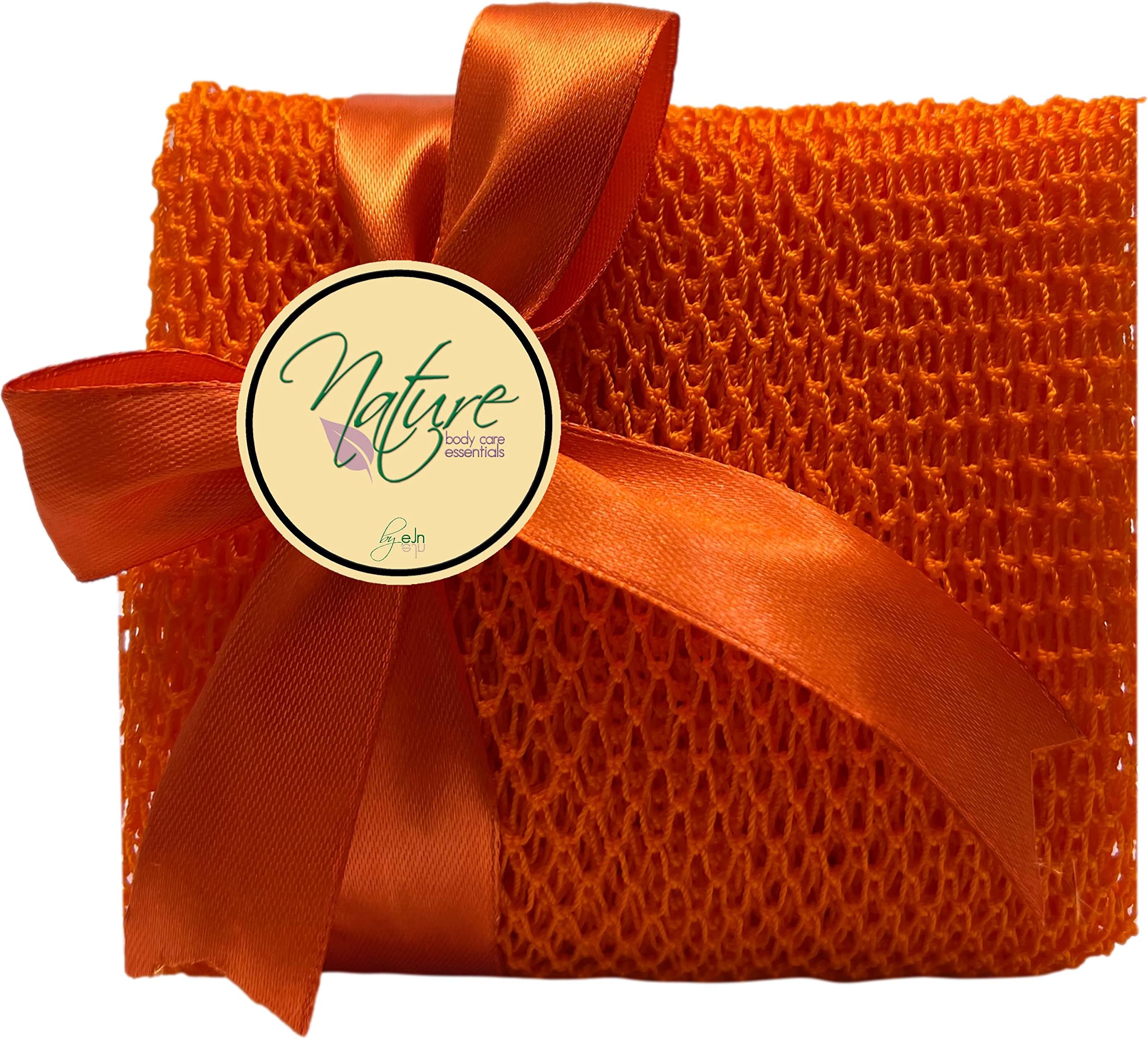 Net Bath Sponge, Ghana N1 Weave, Long, Skin Exfoliation, African, Porous, Stretches Horizontally to Approximately 49" (Orange).