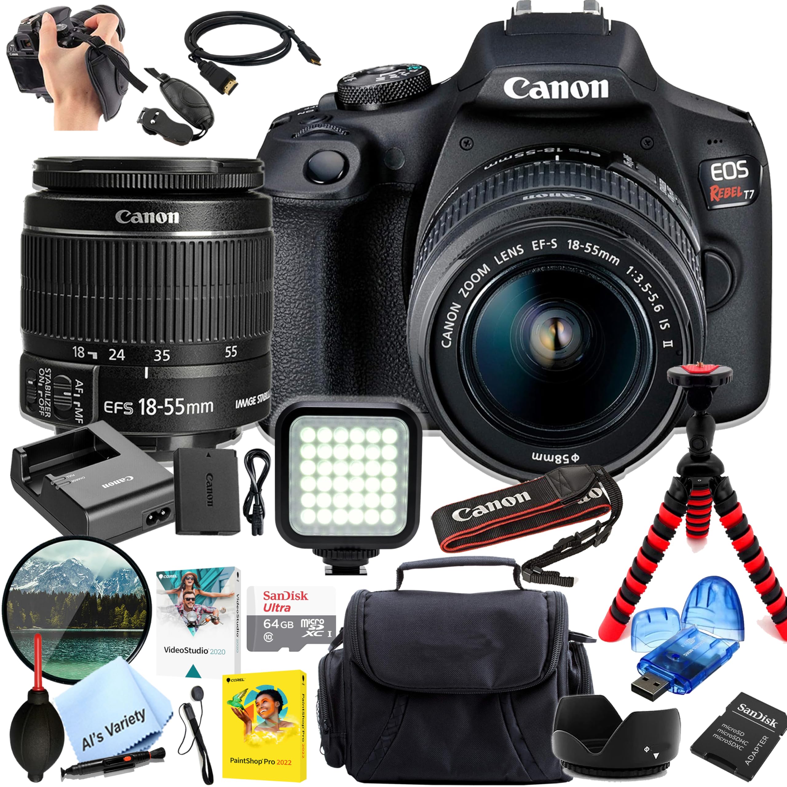 Canon EOS Rebel T7 DSLR Camera with 18-55mm f/3.5-5.6 Lens| 24.1MP APS-C CMOS Sensor | Full HD 1080/30 | DIGIC 4+ with, 64GB Memory, LED Video Light, Filter, Tripod and More (Renewed)
