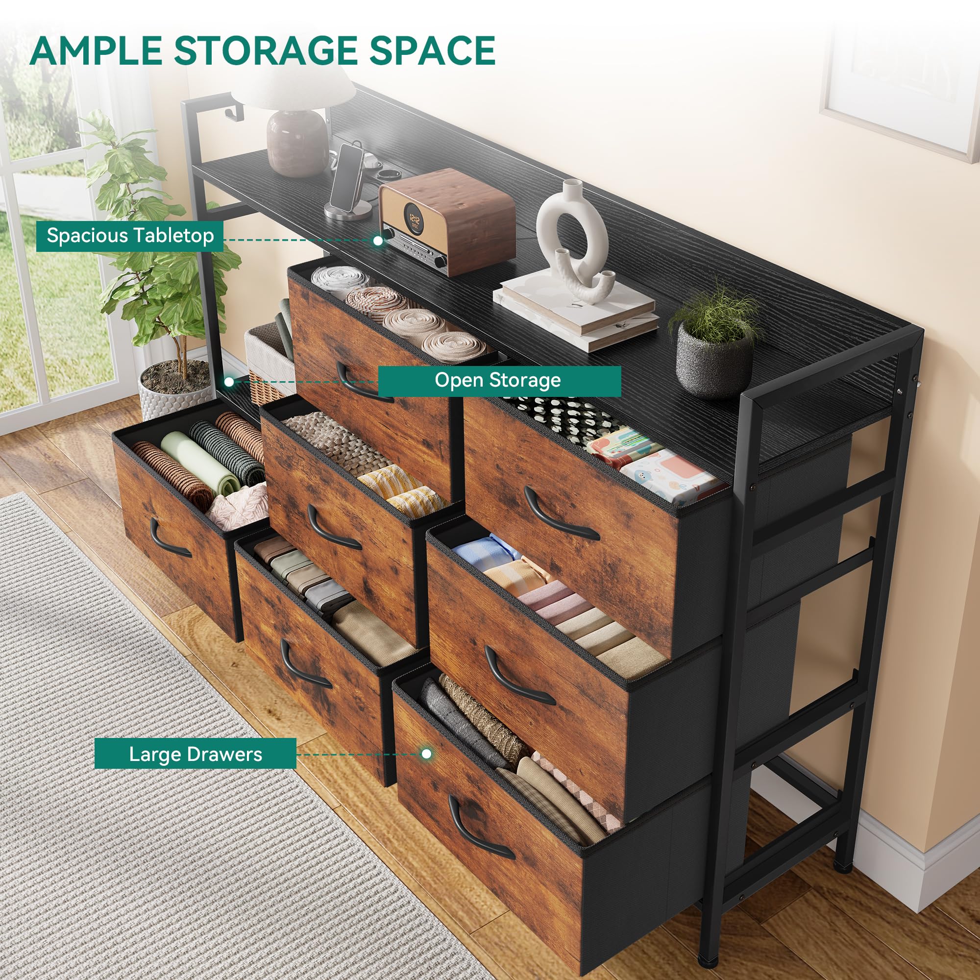 DWVO Kommode Schlafzimmer, Kommode mit 7 Stoffschubladen, 2 Steckdosen, 2 USB-Anschlüssen, TV-Schrank mit seitlichen Haken, rustikales Braun