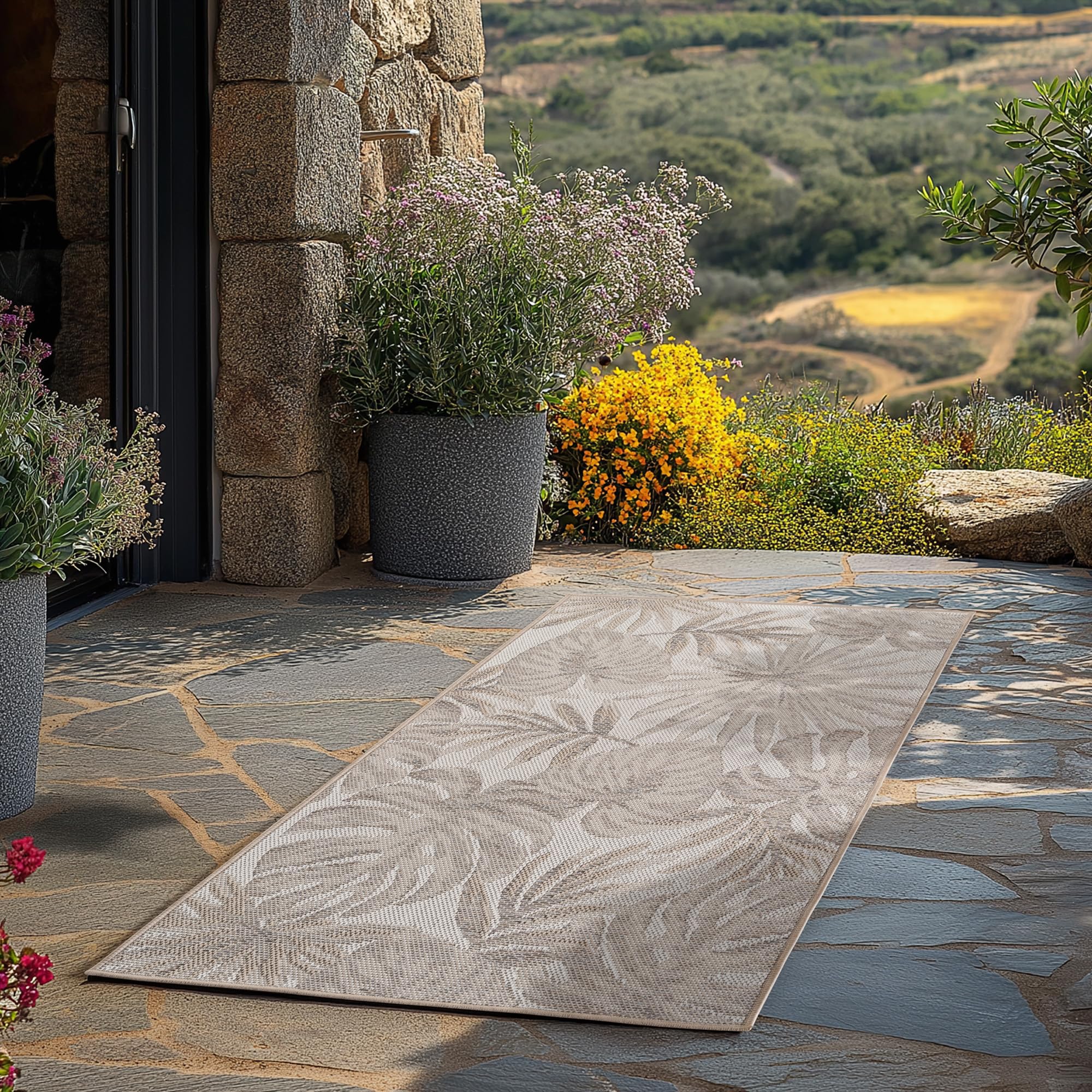 Teppium Outdoor Teppich Beige, Wetterfest & UV-beständig, ideal für Küche, Balkon, Terrasse auch Wohnzimmer und Esszimmer, Skandinavisches Boho-Design