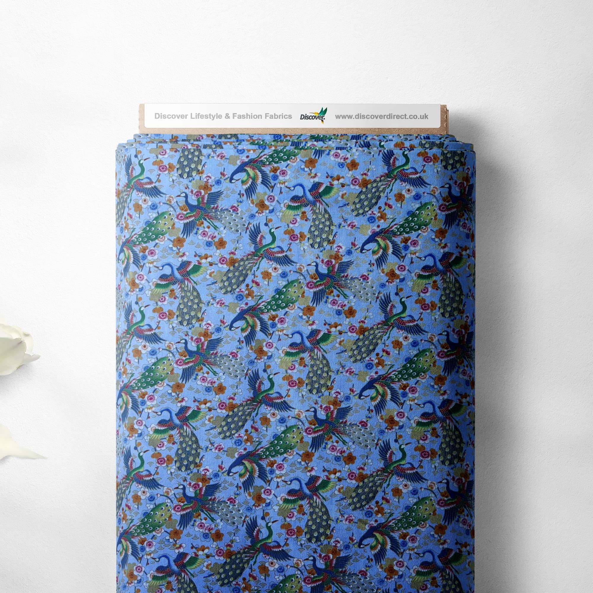 100% Cotton Isumi Japanese Peacock Blossom Design Oriental Metallic Foil Quality Sewing Upholstery Furnishing Fabric Material | 57" - 147 cm Wide (per Metre, Baby Blue)