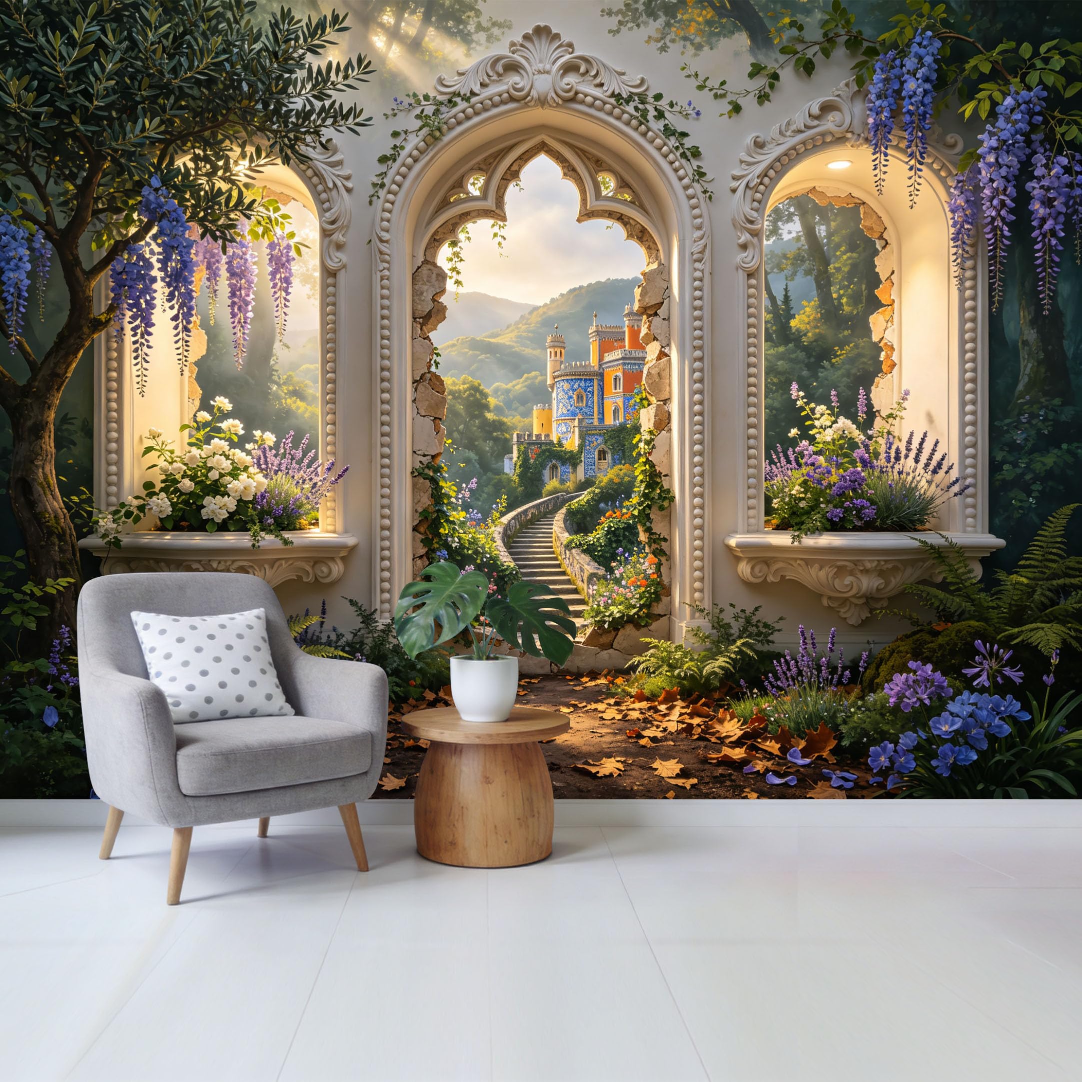 Removable Self Adhesive Fabric Mural， Neoclassical European Palace Archway Custom Size Wall Covering， UV Protected Waterproof Washable Wall Decor for Living Room Bedroom Bathroom