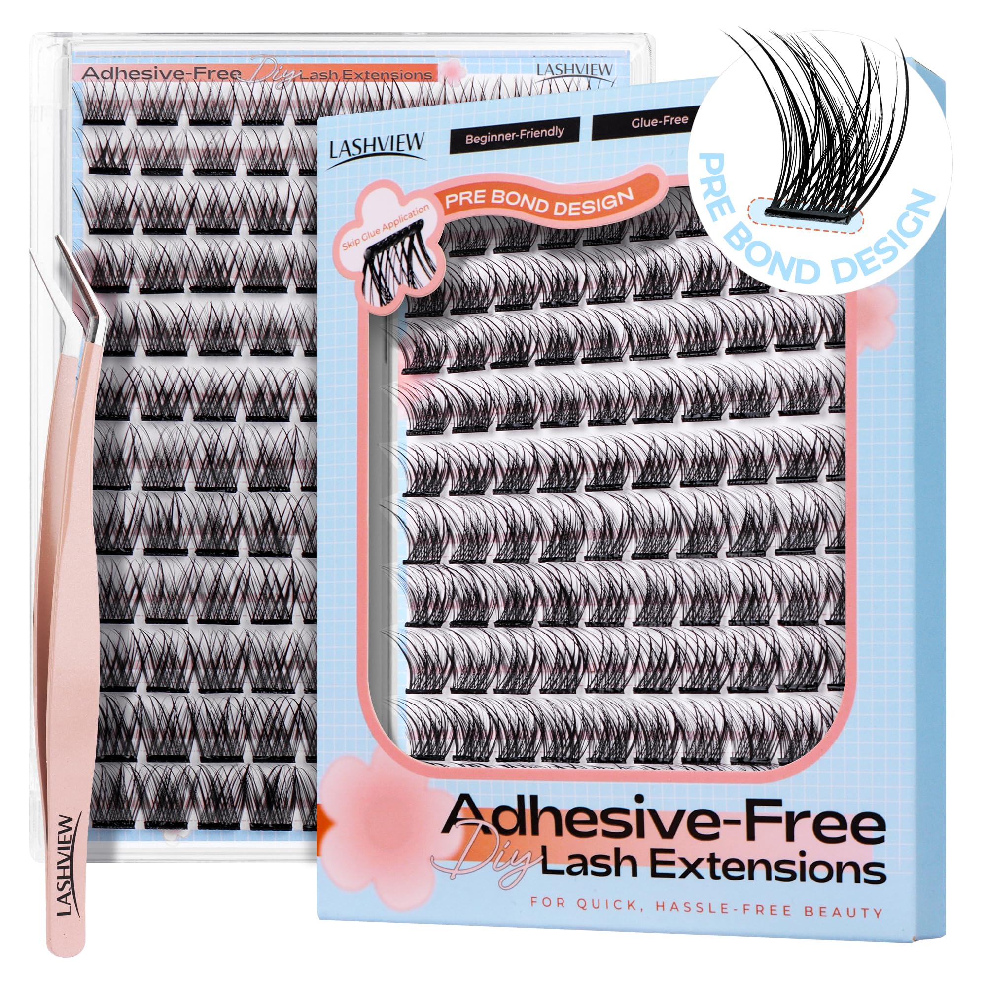LASHVIEW Selbstklebende Wimpern, Press On 156Pcs Kein Kleber benötigt Wimpernbüschel Beinhaltet Büschel 1 Applikator Einfach aufzutragen Selbstanwendung zu Hause DIY Wimpernverlängerung Kit 10-16mm