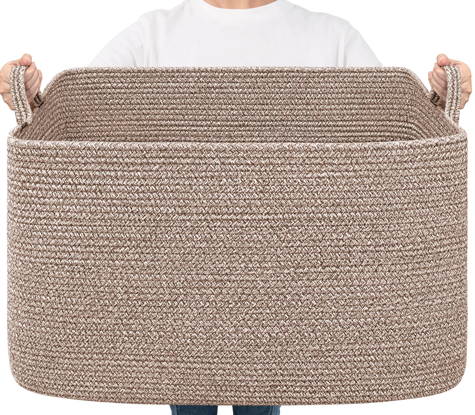 Goodpick 85L Large Woven Rope Blanket Basket, Rectangle, Brown | 23.6'' x 15.7'' x 13.8'' Storage Basket for Blankets, Toys &amp; Clothes, Living Room &amp; Bedroom Organization, Reinforced Handles