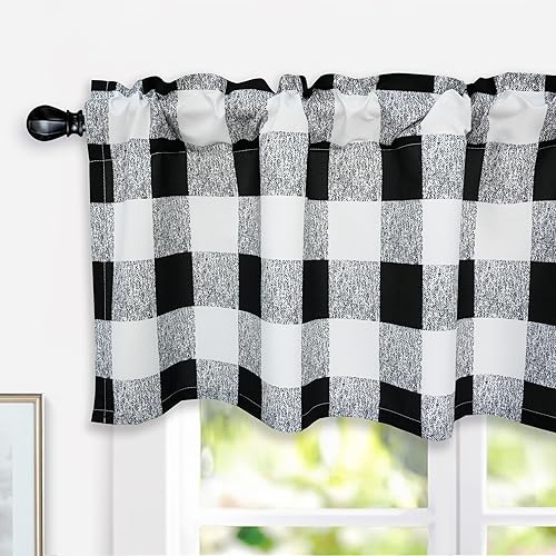 Miniatura 3 de DriftAway Cortinas semitraslúcidas para ventana a cuadros, 2 paquetes de cortinas con bolsillo para barra, cenefa blanca y negra para cocina, sala